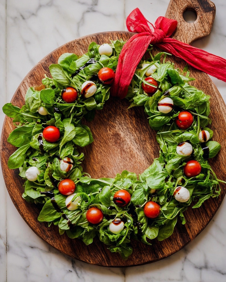 The image shows a round wooden board with a handle tied with a red cloth bow, placed on a white marbled surface. On the board, there is a wreath-shaped arrangement of fresh green leafy arugula and basil, forming a thick layer around the edges, leaving the center empty. Interspersed evenly through the greens are small, bright red grape tomatoes and white mozzarella balls, all drizzled lightly with a dark balsamic glaze, adding contrast. The colors are vibrant with lush greens, shiny reds, and creamy whites, creating a fresh, festive look. Photo taken with an iphone --ar 4:5 --v 7