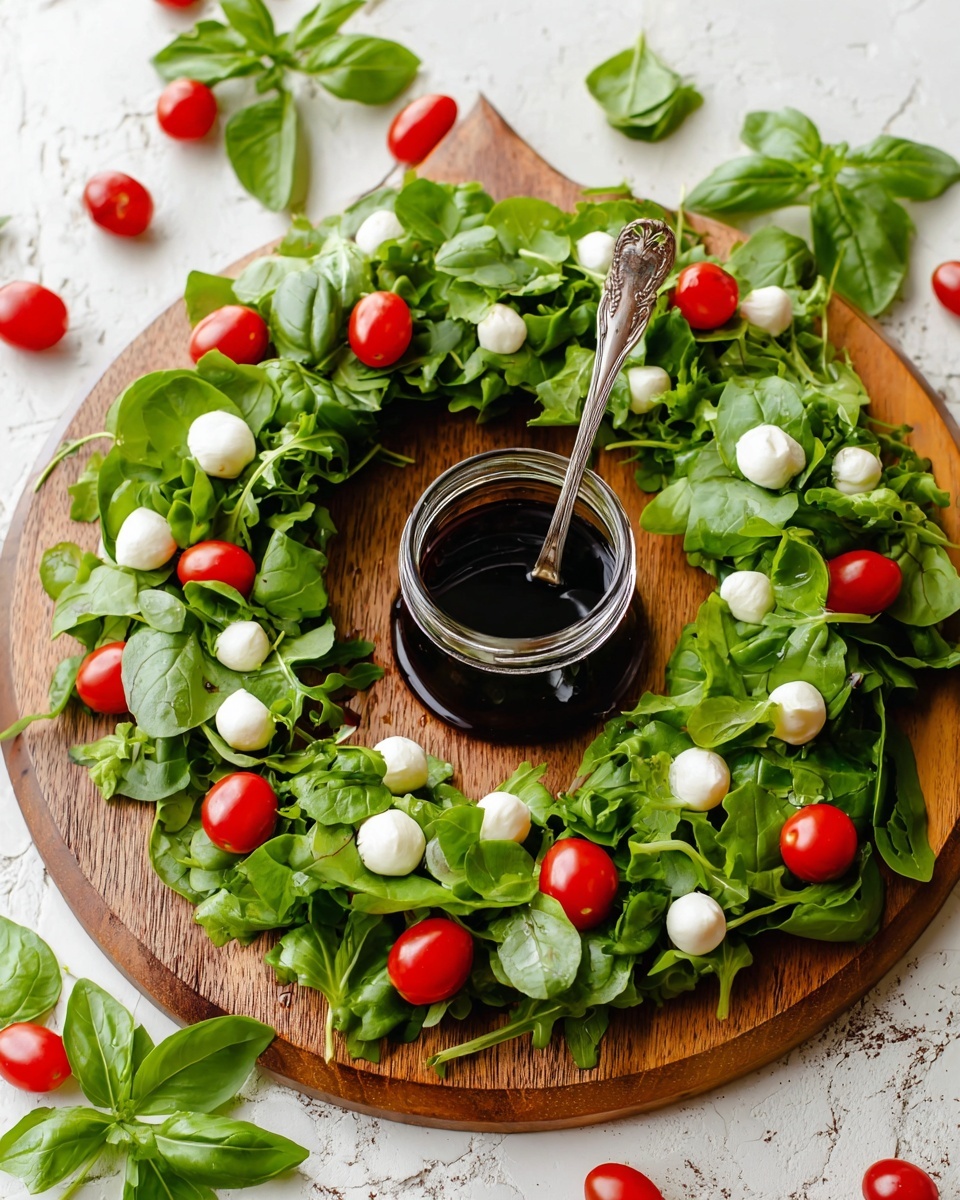 A round wooden board holds a fresh salad wreath made of bright green arugula and basil leaves, with scattered small white mozzarella balls and red grape tomatoes. The salad is drizzled lightly with a dark balsamic glaze. In the center of the wreath, there is a glass jar filled with dark balsamic vinegar and a silver spoon resting inside. The board is placed on a white marbled surface with a few extra basil leaves, grape tomatoes, and mozzarella balls arranged casually around it. photo taken with an iphone --ar 4:5 --v 7