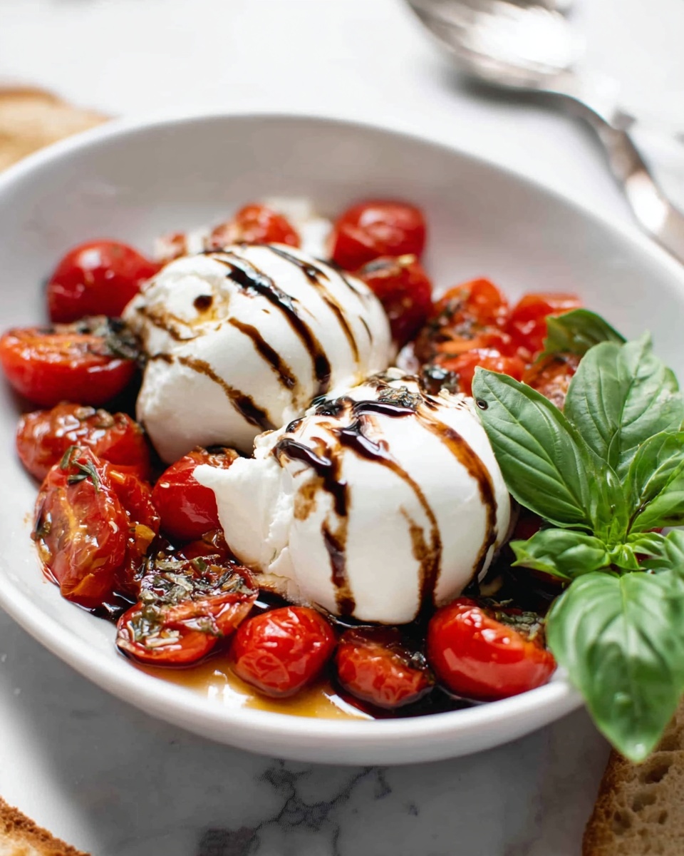 A white bowl is filled with two soft white balls of fresh cheese placed in the center, each drizzled with dark brown balsamic glaze creating thin vertical lines. Surrounding the cheese are bright red roasted cherry tomatoes with slightly wrinkled skin and a few small slices of garlic. On one side of the bowl, a bunch of fresh green basil leaves is placed, adding a vibrant touch. The bowl sits on a white marbled surface, and a silver fork is partially visible in the background. photo taken with an iphone --ar 4:5 --v 7