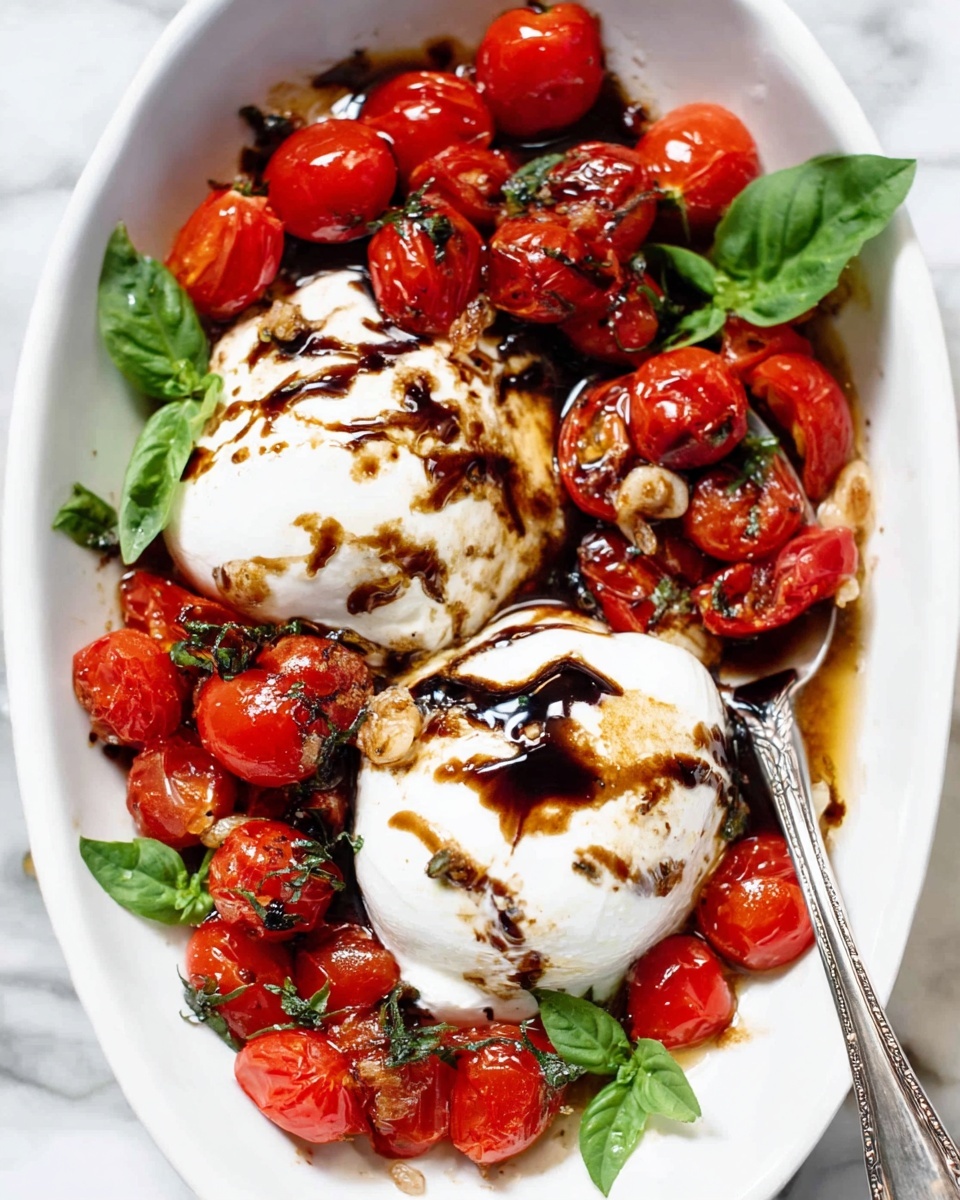 The dish is served in a white oval bowl placed on a white marbled surface, filled with bright red cherry tomatoes that have a shiny, slightly blistered texture, scattered with thin slices of garlic. In the middle, there are two large, soft white burrata cheese balls with a smooth, creamy texture, topped with dark brown balsamic glaze drizzled in a random pattern over the cheese and tomatoes. Fresh green basil leaves are placed on the edges, adding a fresh touch. A silver spoon with a detailed handle is partially submerged among the tomatoes on one side. photo taken with an iphone --ar 4:5 --v 7