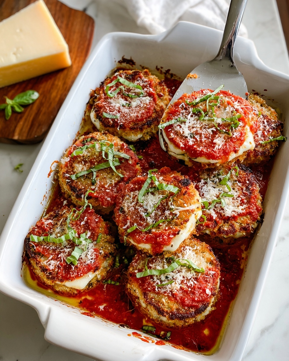 The image shows a white square baking dish filled with six round, layered eggplant slices stacked as mini towers. Each tower has three layers: a crispy, golden-brown breaded eggplant slice, a white melted cheese layer inside, and a bright red tomato sauce spread on top. The tomato sauce is topped with small shreds of white cheese and finely chopped fresh green basil scattered across all slices. One stack is being lifted by a silver spatula, highlighting the layers clearly. The dish sits on a wooden tray with a few large pale yellow cheese blocks and some green herbs in the blurred background, all against a white marbled surface. Photo taken with an iphone --ar 4:5 --v 7
