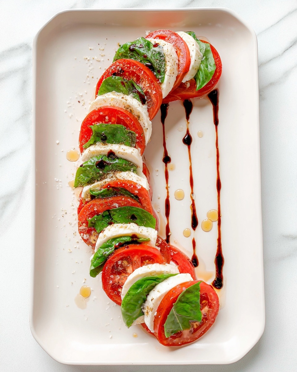The dish is arranged in a curved line on a white rectangular plate with rounded corners, placed on a white marbled surface. It has alternating layers, each with three parts: a bright red tomato slice at the bottom, a smooth white mozzarella slice in the middle, and a fresh green basil leaf on top, repeating about seven times. The layers look juicy and fresh, with a drizzle of dark balsamic glaze and tiny drops of olive oil on top and around the plate. There is also a sprinkling of coarse salt and cracked black pepper over the layers, adding texture and contrast to the colors. Photo taken with an iphone --ar 4:5 --v 7