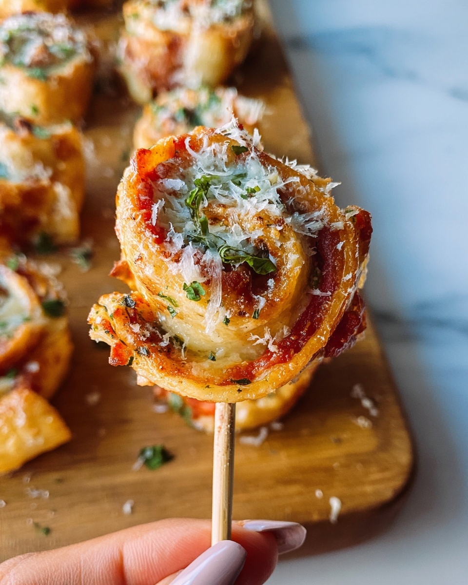 A close-up view shows a skewer holding a golden-brown pizza roll with visible layers of melted cheese, tomato sauce, and bits of herbs inside. The top is sprinkled with finely grated Parmesan cheese and small chopped green herbs. Behind this skewer, more similar pizza rolls can be seen resting on a wooden board. A woman's hand with neutral nail polish gently holds the skewer from the bottom right corner. The whole scene is set on a white marbled surface. photo taken with an iphone --ar 4:5 --v 7