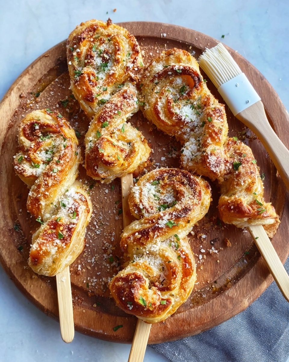 Four puff pastry twists on wooden skewers are arranged on a round wooden board. The twists have a golden brown color with crispy, flaky layers and are sprinkled with finely grated cheese and small green herb pieces. A white pastry brush with a wooden handle rests on the upper right side of the board. The board sits on a white marbled surface. photo taken with an iphone --ar 4:5 --v 7