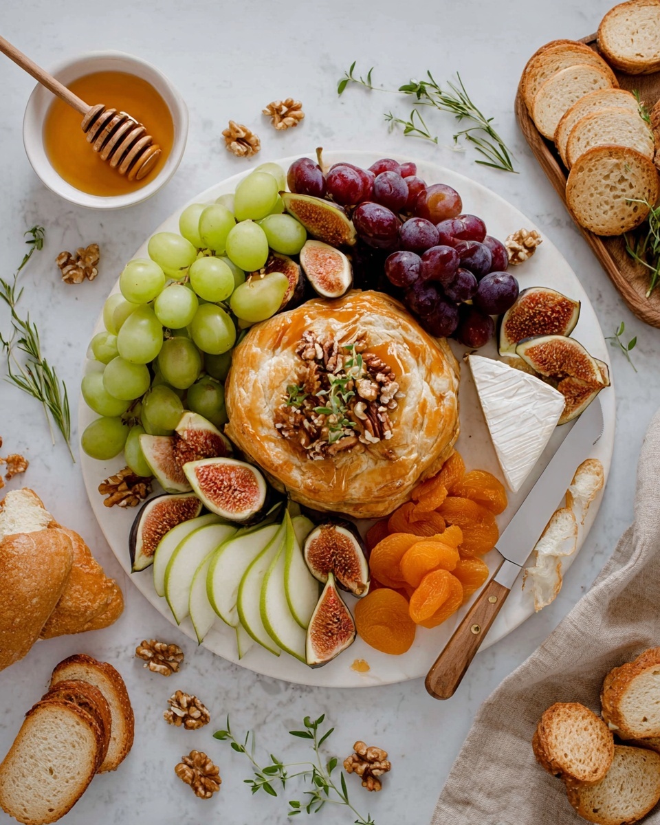 A white round plate sits on a white marbled surface, holding a layered food arrangement. In the center, there is a golden brown baked pastry topped with halved fresh figs and scattered walnut pieces. Around it, there is a ring of green grapes on the bottom left, dark red grapes on the top, dried orange apricots on the top right and bottom right, slices of green pear with dark seeds and peeled walnuts near the right edge, and round beige crackers stacked toward the upper right. Toasted bread slices with a crusty golden-brown edge are placed at the bottom right, partially covered by a white-handled cheese knife with a silver blade. Outside the plate, to the left, there is a small white bowl with honey and a wooden honey dipper resting inside it. Fresh sprigs of green herbs are spread around the plate, with extra walnut pieces scattered on the marble surface photo taken with an iphone --ar 4:5 --v 7