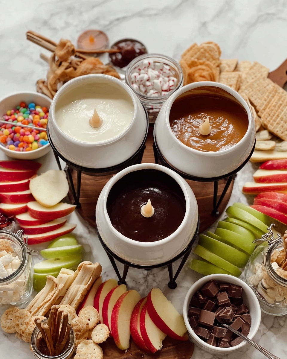 The image shows a fondue set with three white bowls held by black metal stands, each bowl filled with a different dip: a smooth white dip on the left, a dark chocolate dip in the middle, and a caramel-colored dip on the right, all lifted by small candles underneath. Surrounding the bowls are slices of red and green apples arranged in a ring on a white marbled surface. Around the apples are small bowls and jars filled with various toppings and snacks like crushed cookies, grated white cheese, wafer rolls in a jar, candy, and crackers, creating a colorful and inviting dessert spread. Photo taken with an iphone --ar 4:5 --v 7