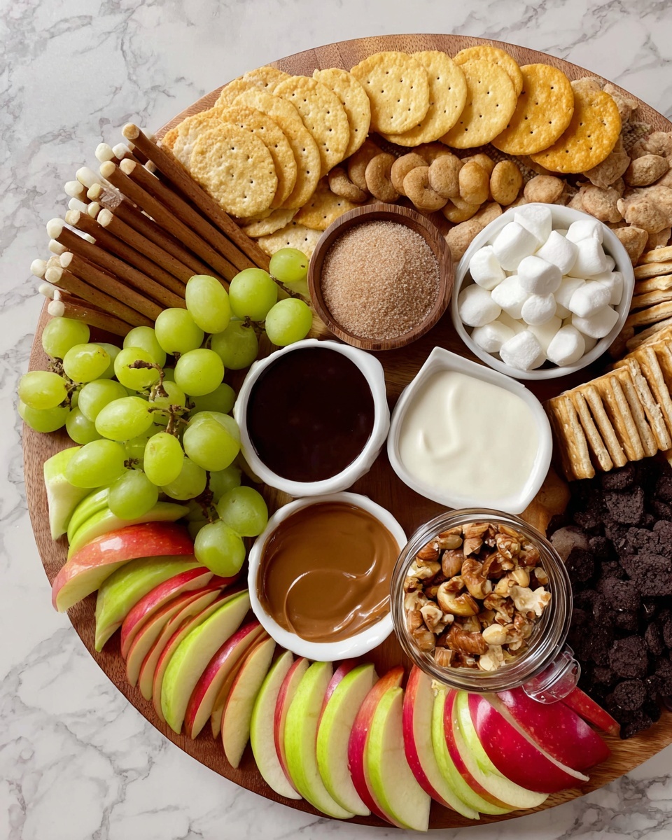 A large round wooden board holds a colorful snack platter arranged in layers. Around the edge, thin pretzel sticks topped with green grapes form a brown and green layer on the left. Next to them is a circle of round yellow crackers, followed by a small wooden bowl filled with light brown cinnamon sugar near the top. Moving right, there are several stacks of beige graham crackers beside a small wooden bowl filled with tiny white marshmallows. Inside the circle of items are apple slices in red and green skin, layered in alternating colors all around the board. Three white bowls sit in the center; one with white creamy sauce, one with dark brown chocolate sauce, and one with light brown caramel sauce. Below the pretzels is a small white bowl filled with chopped nuts, and next to it is a glass jar with light brown cookie sticks standing up. Another white bowl contains dark cookie crumbs near some graham crackers at the bottom. The whole platter is placed on a white marbled surface. Photo taken with an iphone --ar 4:5 --v 7