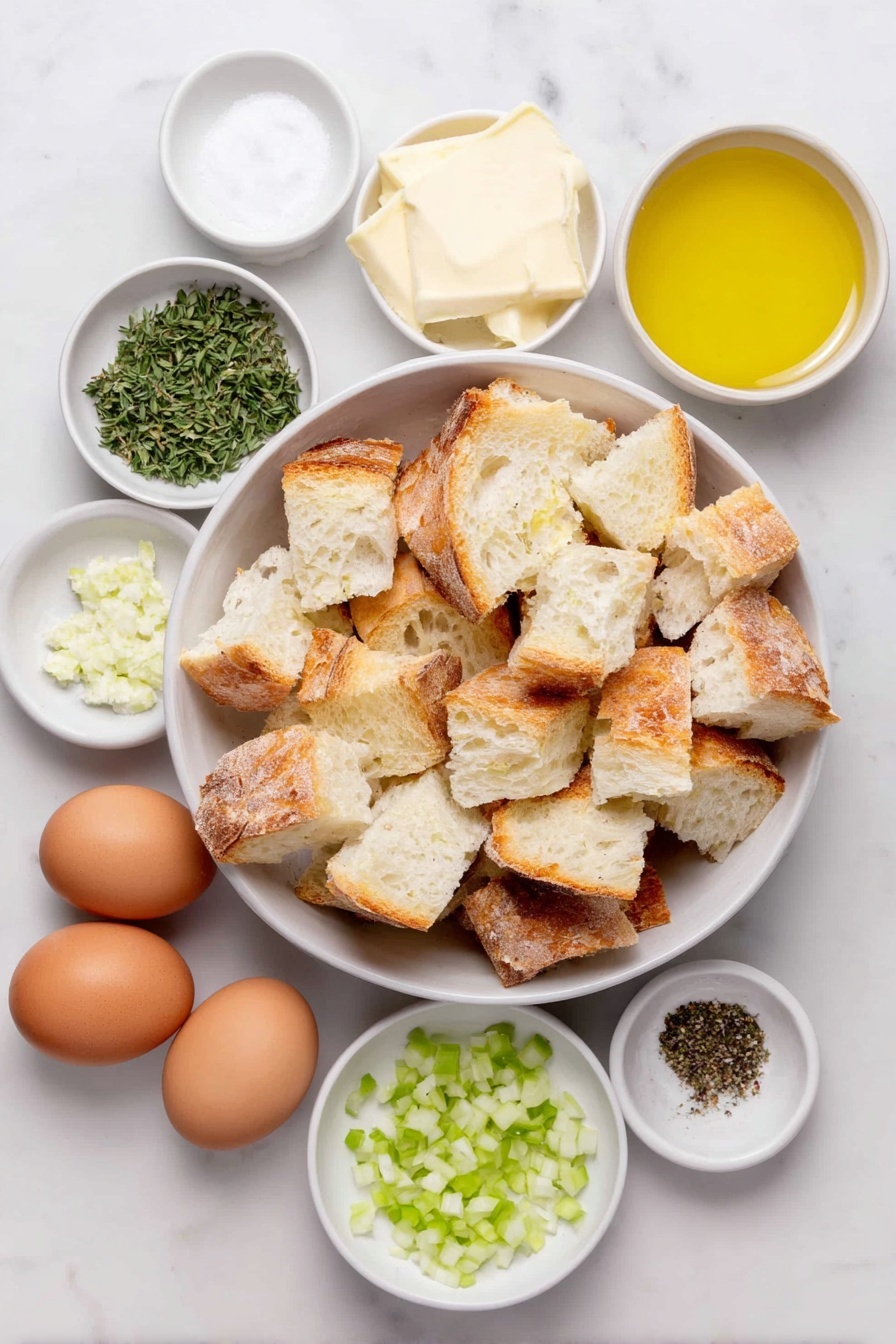 Flat lay of cubed toasted Texas toast bread piled loosely in a large white ceramic bowl, a small white ceramic bowl of melted unsalted butter, diced white onion in a neat pile, sliced celery stalks arranged in a small cluster, a small white ceramic bowl of minced fresh garlic, fresh sage leaves scattered beside minced fresh sage in a small white ceramic bowl, a small pile of minced fresh parsley, three whole brown eggs with clean shells, a small white ceramic bowl filled with golden chicken broth, a small white ceramic bowl of minced fresh thyme, a small white ceramic bowl of kosher salt crystals, a small white ceramic bowl with freshly cracked black pepper grains, all ingredients spaced evenly and symmetrically, placed on a clean white marble surface, soft natural light, photo taken with an iPhone, professional food photography style, fresh ingredients, white ceramic bowls, no bottles, no duplicates, no utensils, no packaging --ar 2:3 --v 7 --p m7354615311229779997 - Homemade Stuffing with Sage and Herbs, Sage and Herb stuffing, Classic holiday stuffing, Fresh herb stuffing recipe, Savory homemade stuffing