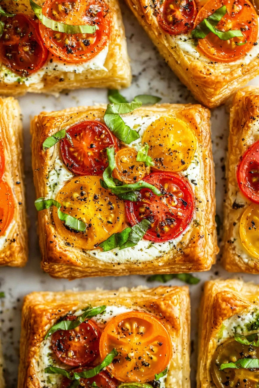 The image shows several square puff pastry tarts arranged close together on a white marbled surface. Each tart has a golden-brown, flaky crust with raised edges creating a border. Inside the border is a creamy white cheese layer that looks soft and smooth. On top, there are halved cherry tomatoes in red, orange, and yellow colors, slightly roasted with a light char, placed evenly. Thin strips of fresh green basil are scattered over the tomatoes, adding a fresh touch. The tarts are sprinkled with black pepper, adding small dark specks contrast to the bright colors. The lighting highlights the shiny, crisp texture of the puff pastry and the vibrant colors of the tomatoes. photo taken with an iphone --ar 2:3 --v 7 - Tomato Ricotta Puff Pastry Tartlets, easy appetizer recipes, quick brunch ideas, crowd-pleasing snacks, flaky puff pastry tartlets