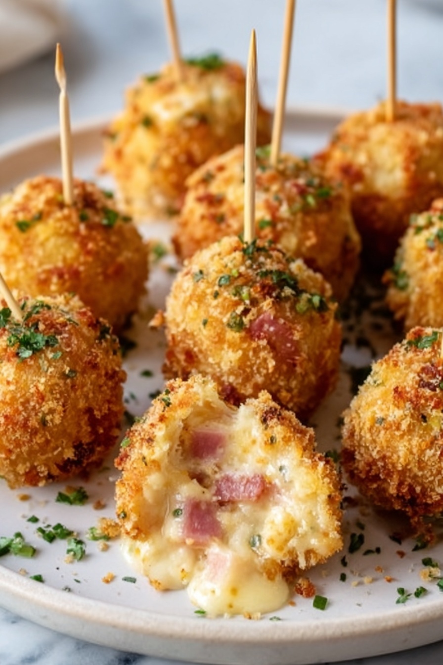 The image shows a white plate on a white marbled surface filled with golden brown crispy balls. Each ball is coated in crunchy breadcrumbs, and one ball in the front is cut open to show a creamy inside with small pieces of pink ham and melted cheese. Toothpicks stick out from the top of each ball, making them easy to pick up. Some green herbs are sprinkled around the plate for decoration. photo taken with an iphone --ar 2:3 --v 7 - Air Fryer Chicken and Swiss Cheese Bites, crispy chicken bites with Swiss cheese, easy air fryer appetizers, cheesy chicken snacks, quick party appetizers