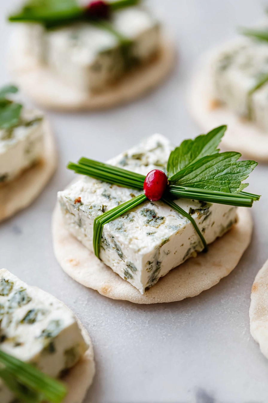 The image shows small round white flatbreads as the base, each topped with a square piece of white cheese speckled with herbs. On top of the cheese, there is a green decoration made of two chive stalks crossed like a ribbon, holding a small green leaf and a single small red berry in the center, making it look like a tiny wrapped gift. The flatbreads and cheese have soft, smooth textures, while the herbs and leaves add fresh green details. These bites are arranged on a white marbled surface in a close-up shot. photo taken with an iphone --ar 2:3 --v 7 - Festive Goat Cheese Christmas Appetizer Bites, Christmas holiday hors d'oeuvres, easy festive appetizer ideas, holiday party finger food, mini goat cheese bites