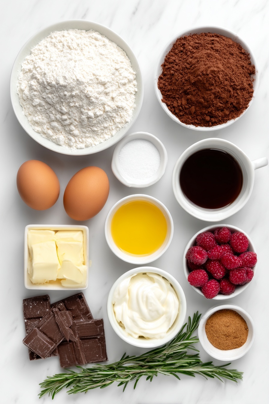 Flat lay of a small pile of all-purpose flour on a white ceramic plate, a small mound of granulated sugar in a white ceramic bowl, a heap of rich cocoa powder on a white ceramic dish, two whole brown eggs with clean shells, a small white bowl of creamy buttermilk, a small white bowl of thick sour cream, a small white bowl containing golden sunflower oil, a small white bowl of dark brewed coffee, chopped pieces of smooth milk chocolate, a sprinkle of lebkuchen spice powder on a white ceramic dish, a pinch of baking soda and baking powder on a small white bowl, a small pile of fine salt on a white ceramic dish, a handful of fresh cranberries and raspberries arranged neatly, and a few fresh rosemary stems placed symmetrically, all arranged with perfect balance and symmetry, placed on a clean white marble surface, soft natural light, photo taken with an iPhone, professional food photography style, fresh ingredients, white ceramic bowls, no bottles, no duplicates, no utensils, no packaging --ar 2:3 --v 7 --p m7354615311229779997 - Gingerbread Chocolate Bundt Cake, holiday chocolate cake, spicy gingerbread dessert, moist chocolate cake with spices, festive bundt cake recipe