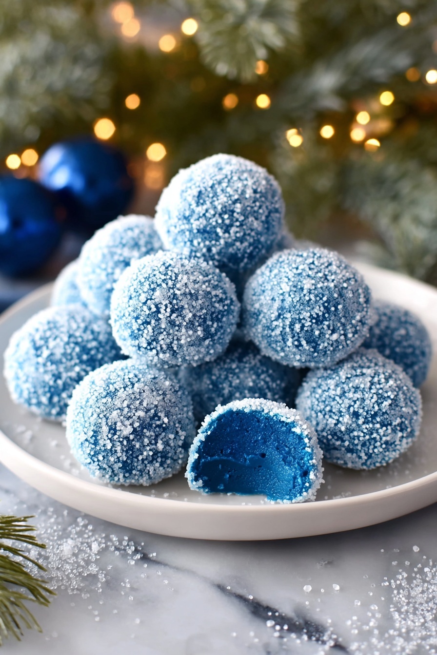 A white plate holds a pile of round blue treats covered in sparkling white sugar crystals, creating a glittery texture. One treat in the front has a bite taken out of it, showing a smooth, solid blue inside layer that matches the outer color. The plate sits on a white marbled surface with a few scattered sparkling bits around it, and the background includes blurred green pine branches and warm lights creating a cozy feel. Photo taken with an iphone --ar 2:3 --v 7 - Blue Christmas Chocolate Truffles, festive holiday treats, white chocolate truffles, blue curacao desserts, holiday gift ideas