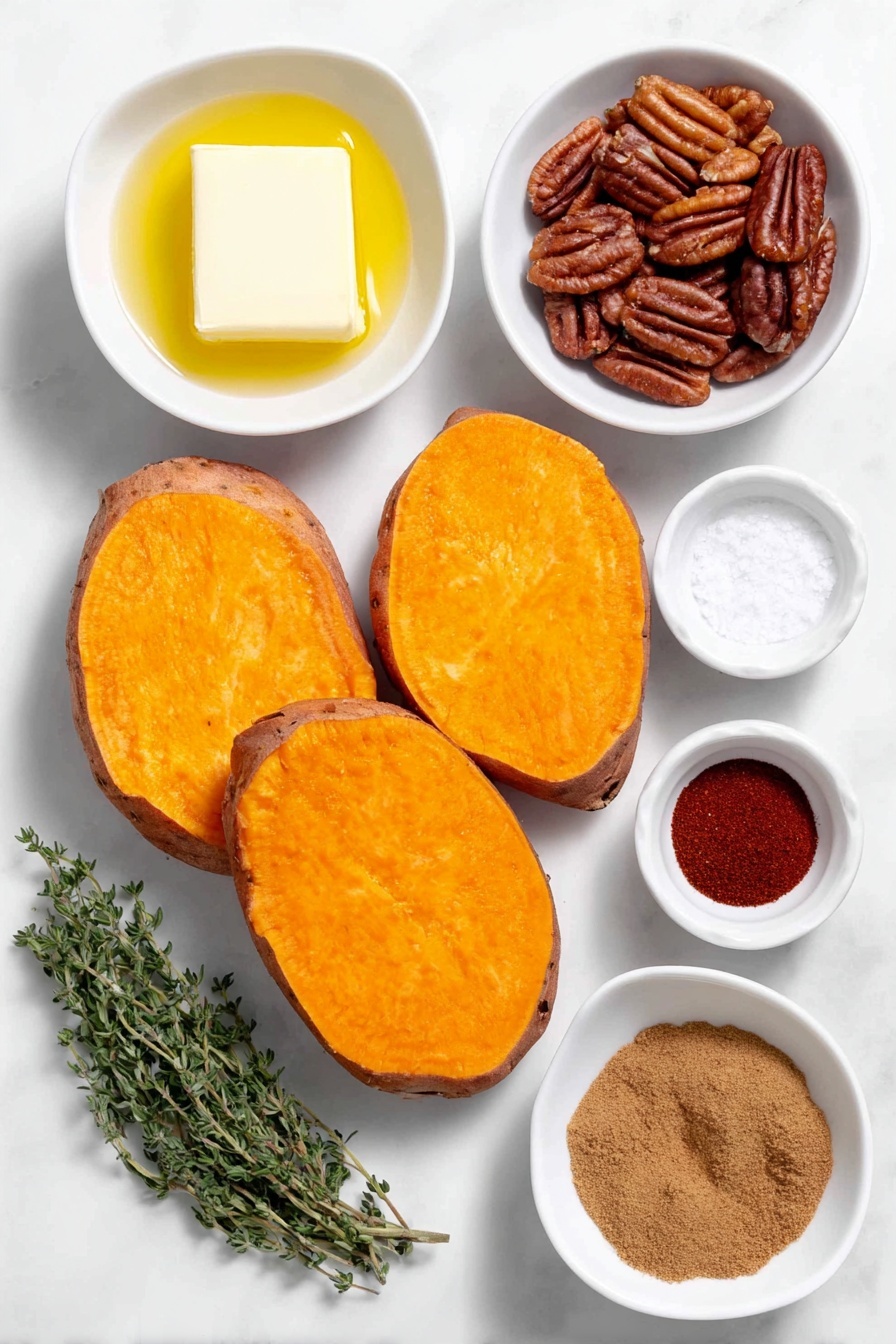 Flat lay of two large sweet potatoes sliced into thick rounds with bright orange flesh, a small white ceramic bowl of golden melted butter, a small white ceramic bowl filled with warm brown cinnamon powder, a small white ceramic bowl containing coarse salt crystals, a small white ceramic bowl with deep red paprika powder, a small white ceramic bowl of freshly ground black pepper, a small white ceramic bowl holding amber maple syrup, a small white ceramic bowl of chopped pecans with their natural brown shells and texture, and a few fresh green thyme sprigs arranged neatly, all placed on a clean white marble surface, soft natural light, photo taken with an iPhone, professional food photography style, fresh ingredients, white ceramic bowls, no bottles, no duplicates, no utensils, no packaging --ar 2:3 --v 7 --p m7354615311229779997 - Maple Pecan Roasted Sweet Potatoes, roasted sweet potato side dish, sweet potato recipes, maple pecan sweet potatoes, easy holiday side dishes