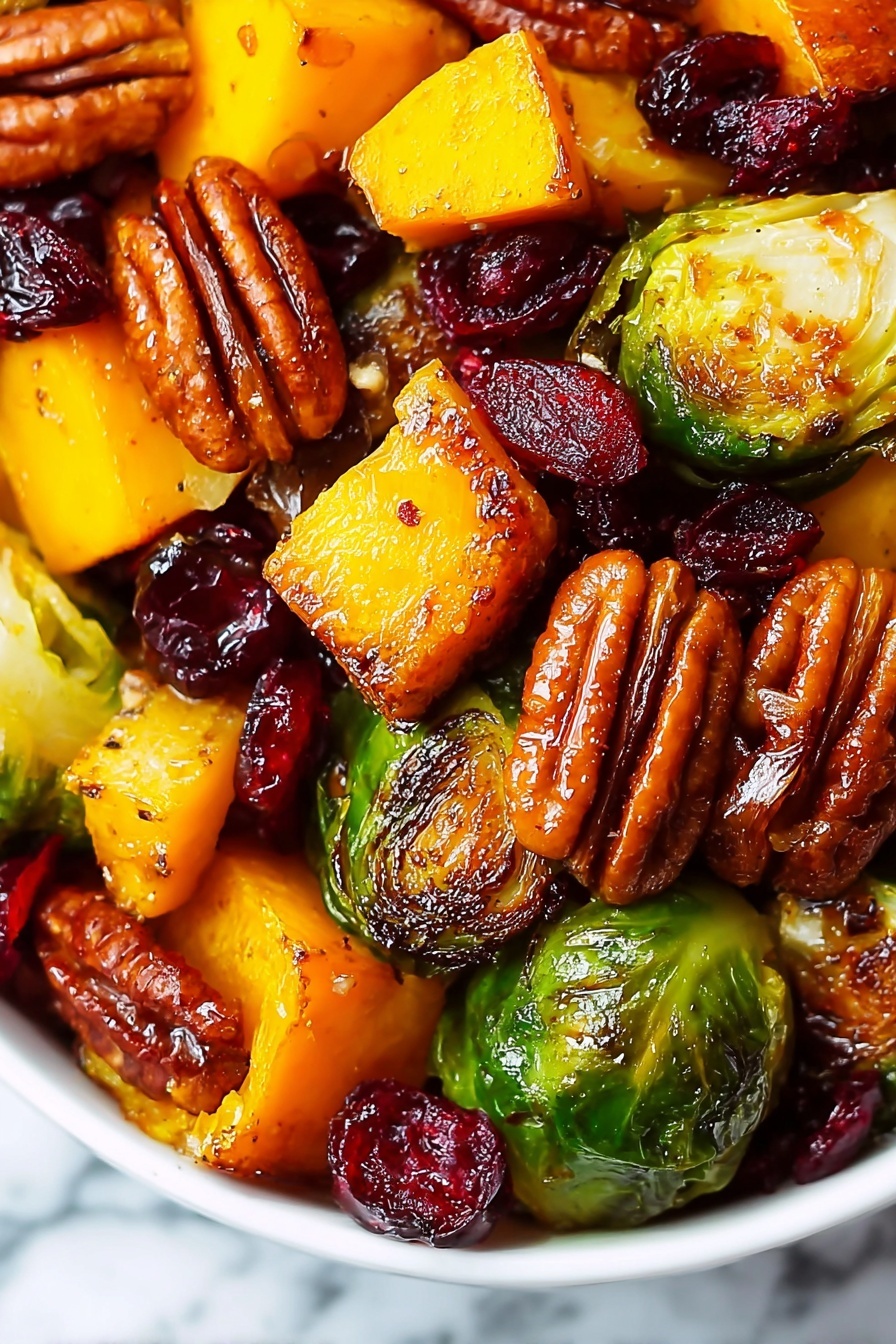 The image shows a close-up of roasted vegetables and nuts in a white bowl. There are bright yellow-orange chunks with a soft texture, roasted green Brussels sprouts with dark brown charred spots, glossy pecans with a smooth ridged surface, and shiny dark red dried cranberries scattered throughout. The colors are warm and rich with a mix of textures from soft to crunchy. The dish looks moist and well-seasoned. The background is a white marbled texture. photo taken with an iphone --ar 2:3 --v 7 - Roasted Brussels Sprouts and Butternut Squash Salad, Brussels Sprouts and Butternut Squash Salad, healthy roasted vegetable salad, seasonal fall salad, easy holiday side dish