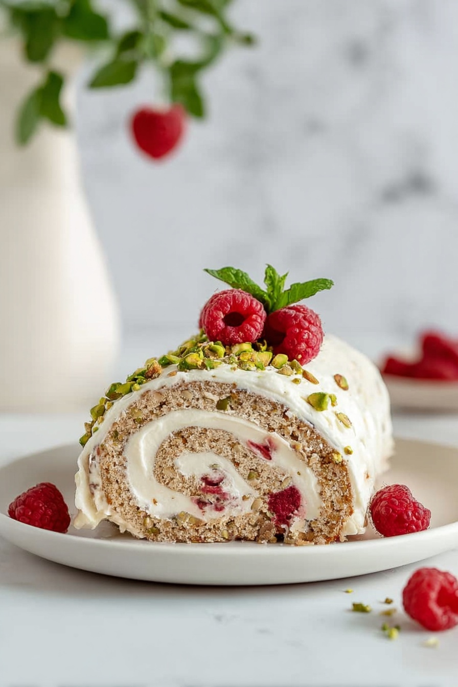 A single slice of a rolled cake is shown on a white plate, featuring two main layers: a light brown cake layer with visible bits of nuts or seeds, and a thick white cream filling spiraled inside. Small red fruit pieces, likely raspberries, are embedded within the cream filling. The outside of the roll is coated in white cream and topped with chopped green pistachios, two fresh raspberries, and a small green mint leaf. The background is softly blurred with a white marbled surface and a white vase containing green leaves and a single hanging raspberry. A few loose raspberries are scattered near the plate. Photo taken with an iphone --ar 2:3 --v 7 - Christmas Raspberry Pistachio Swiss Roll, festive raspberry pistachio roulade, holiday Swiss roll dessert, Christmas nutty raspberry cake, white chocolate pistachio Swiss roll