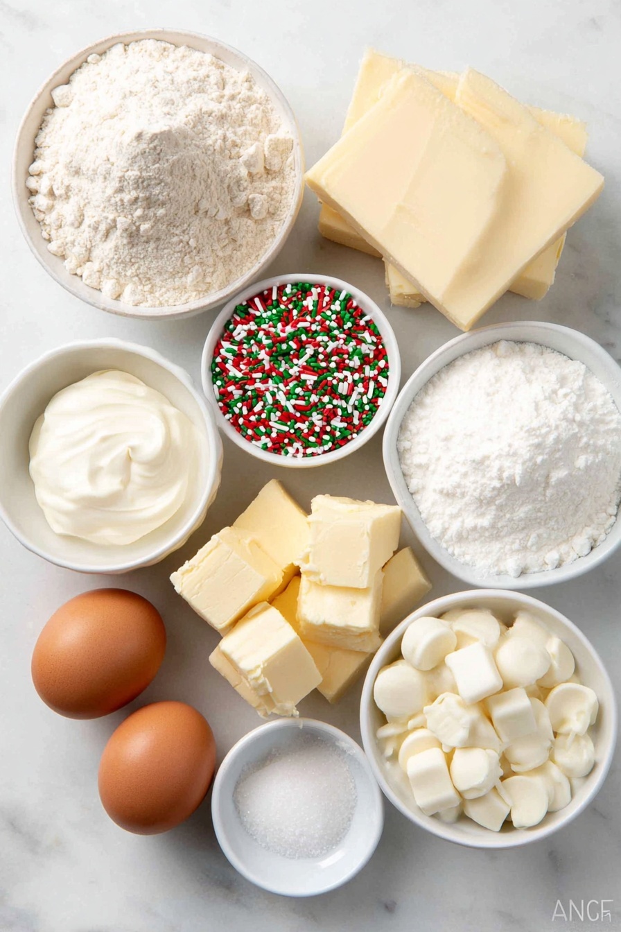 Flat lay of a small mound of all-purpose flour, a small pile of fine white granulated sugar, two whole large brown eggs with clean shells, a half cup of unsalted butter cut into chunks, a small white bowl of Christmas sprinkles in red, green, and white colors, a small white bowl of smooth sour cream, a small white bowl of heavy cream, a block of cream cheese with a creamy texture and slight gloss, a small white bowl of white chocolate chips, a small white bowl of milk, a small white bowl of pure vanilla extract, a pinch of salt spilled delicately, and a tiny white bowl of baking soda, all arranged symmetrically and balanced, placed on a clean white marble surface, soft natural light, photo taken with an iPhone, professional food photography style, fresh ingredients, white ceramic bowls, no bottles, no duplicates, no utensils, no packaging --ar 2:3 --v 7 --p m7354615311229779997 - Sugar Cookie Cheesecake with White Chocolate, white chocolate cheesecake, cookie dough cheesecake, festive cheesecake recipe, easy holiday dessert