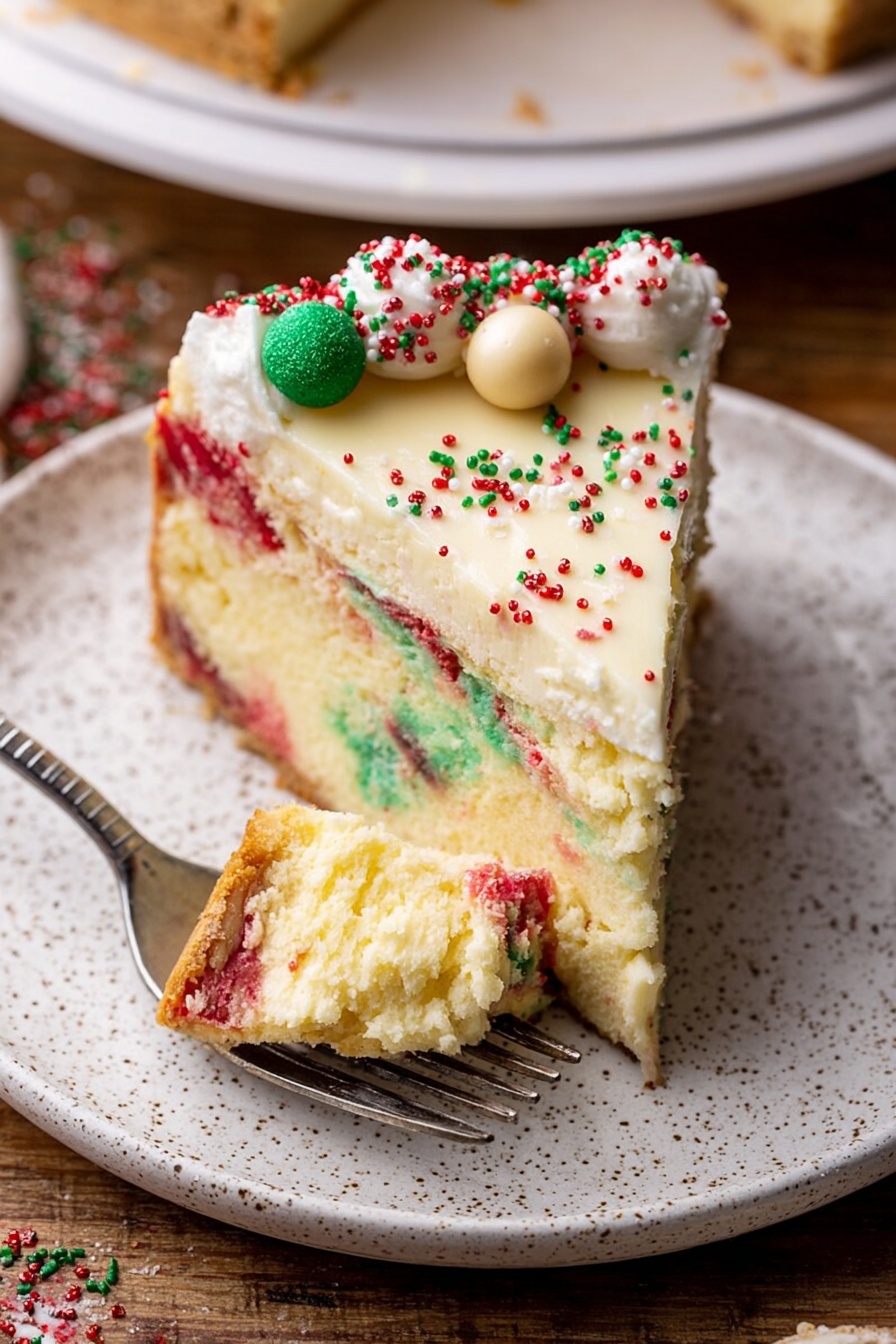 A slice of colorful cheesecake on a white speckled plate, showing two main layers: the bottom layer is a creamy yellow cheesecake with red and green spots inside it, and the top layer is a thicker cake with visible red and green patches. The edge of the cheesecake is decorated with white frosting and small red, green, and white sprinkles, along with small round beige balls with sprinkles. A silver fork rests on the plate, holding a bite-sized piece of cheesecake. The background is a wooden surface, with some sprinkles scattered around the plate photo taken with an iphone --ar 2:3 --v 7 - Sugar Cookie Cheesecake with White Chocolate, white chocolate cheesecake, cookie dough cheesecake, festive cheesecake recipe, easy holiday dessert