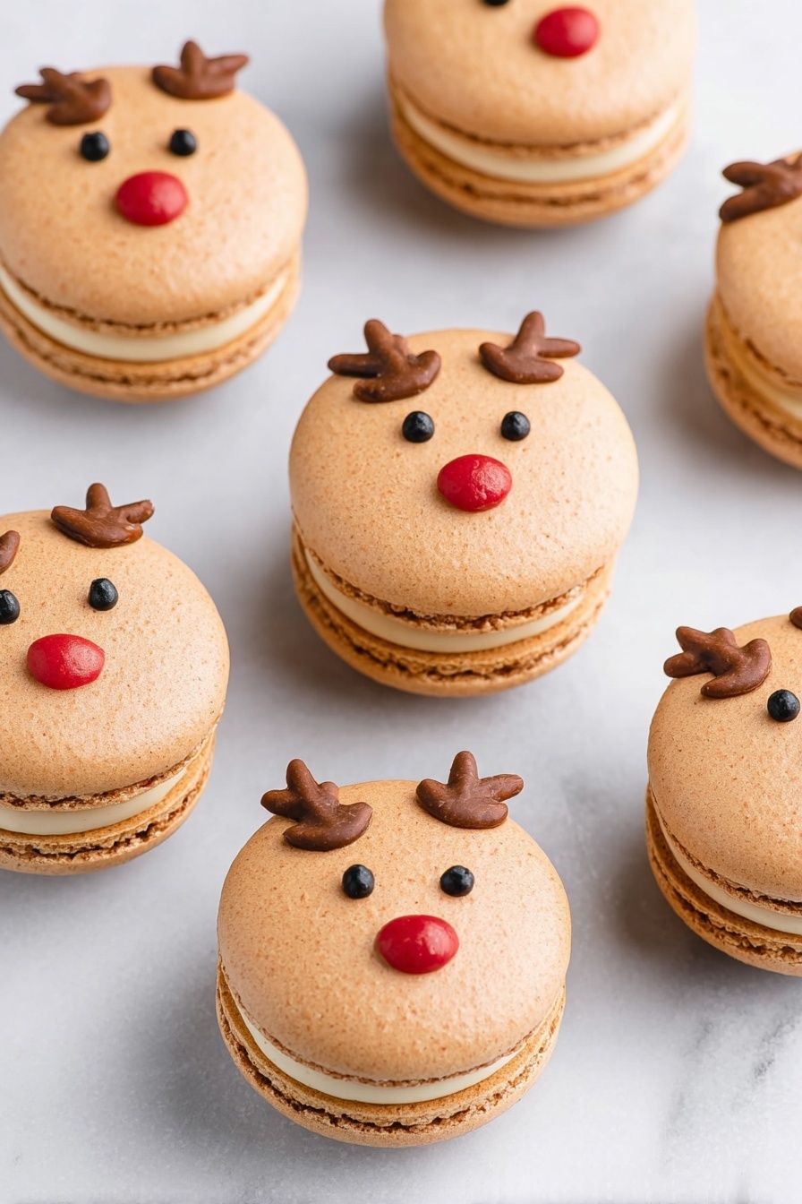 The image shows several light brown macarons arranged on a white marbled surface. Each macaron has two smooth, round shells with a creamy filling in between, matching in light brown color. On the top shell of each macaron, there are simple reindeer faces made with small black dots for eyes, a bright red dot for a nose, and two brown antlers drawn above the eyes. The macarons are evenly spaced, some lying flat and others slightly tilted, showing the thickness and texture of the filling in the middle. photo taken with an iphone --ar 2:3 --v 7 - Christmas Reindeer Macarons, festive holiday macarons, reindeer-themed cookies, holiday baking ideas, easiest Christmas treats
