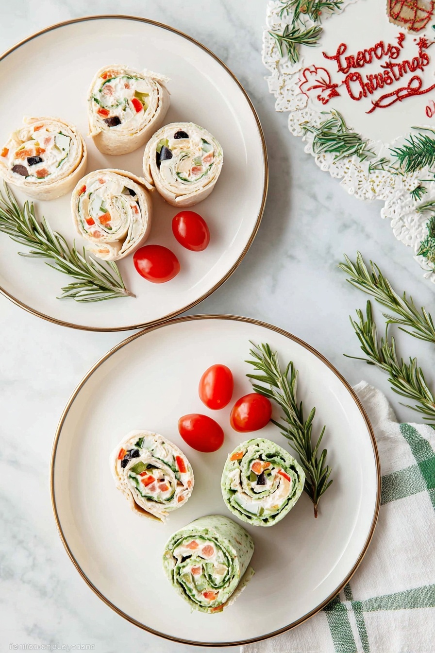 Two white plates with thin gold rims sit on a white marbled surface. Each plate holds five pinwheel sandwiches with two types of wraps—light beige and green spinach. The beige wraps have a creamy white filling with visible small pieces of black olives and red bell peppers, while the green wraps have a similar creamy filling with red bell peppers and other finely chopped vegetables. Each plate also includes two small bright red grape tomatoes. Beside the plates, fresh green rosemary sprigs lie on the white marbled surface next to a festive Christmas decoration with red and green text. A white napkin with green stripes is partially visible on the right side of the image. photo taken with an iphone --ar 2:3 --v 7 - Christmas Tree Cream Cheese Pinwheels, festive holiday appetizers, easy Christmas party snacks, cream cheese pinwheels recipe, holiday appetizer ideas