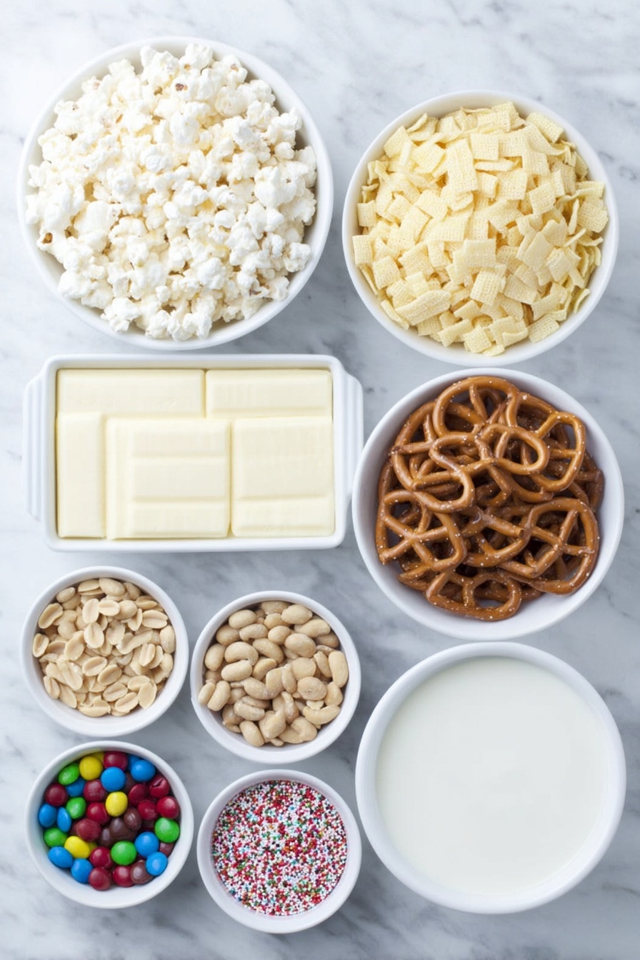 Flat lay of a small white ceramic bowl filled with fluffy Rice Chex cereal, another bowl with crunchy Corn Chex cereal, a third white bowl holding round Cheerios cereal, a white ceramic dish with twisted gluten-free pretzels, a small white bowl of salted peanuts, a white bowl containing red and green milk chocolate M&M candies, a larger white bowl with smooth white vanilla almond bark candy melts, and a tiny white bowl of festive red and green nonpareil sprinkles, all arranged in perfect symmetry and balanced proportions, placed on a clean white marble surface, soft natural light, photo taken with an iPhone, professional food photography style, fresh ingredients, white ceramic bowls, no bottles, no duplicates, no utensils, no packaging --ar 2:3 --v 7 --p m7354615311229779997 - Festive Gluten-Free Christmas Chex Mix, gluten-free holiday snacks, Christmas party treats, easy holiday Chex mix recipe, colorful holiday snack
