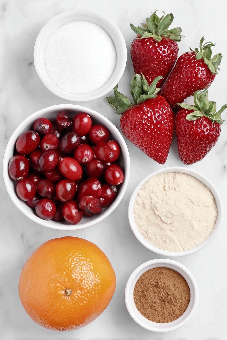 Flat lay of fresh bright red cranberries scattered in a small pile, ripe whole strawberries with green leaves attached, a small white ceramic bowl filled with fine white granulated sugar, another small white ceramic bowl with soft light brown sugar, a small white ceramic bowl containing warm reddish-brown ground allspice powder, a small white ceramic bowl with medium brown ground cinnamon powder, a small white ceramic bowl holding pale beige ground ginger powder, and one whole fresh orange displaying bright orange skin alongside a few thin orange zest strips artistically arranged, all placed on a clean white marble surface, soft natural light, photo taken with an iPhone, professional food photography style, fresh ingredients, white ceramic bowls, no bottles, no duplicates, no utensils, no packaging --ar 2:3 --v 7 --p m7354615311229779997 - Crockpot Cranberry Strawberry Jam, easy cranberry strawberry jam, homemade berry jam, slow cooker fruit spread, festive holiday jam