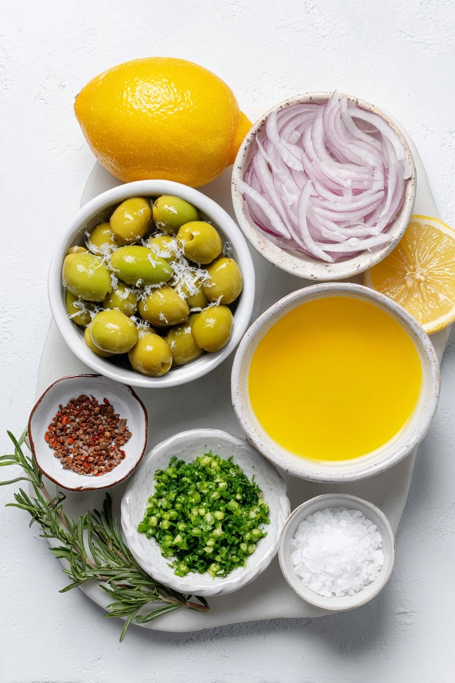 Flat lay of a small-medium red onion thinly sliced, a small white ceramic bowl of finely chopped green olives, a small white ceramic bowl with bright lemon juice, a small white ceramic bowl containing golden olive oil, a small white ceramic bowl with thick honey, a whole lemon with a section of lemon zest, a small white ceramic bowl of coarse kosher salt, a small white ceramic bowl of freshly cracked black pepper, two small-medium boiled beets whole and unpeeled, a small white ceramic bowl of finely minced fresh parsley, a small white ceramic bowl of finely minced fresh mint placed on a clean white marble surface, soft natural light, photo taken with an iPhone, professional food photography style, fresh ingredients, white ceramic bowls, no bottles, no duplicates, no utensils, no packaging --ar 2:3 --v 7 --p m7354615311229779997 - Quick Pickled Beet Salad, easy beet salad with pickled onions, healthy colorful beet salad, tangy beet and olive salad, simple vegetable salad with beets