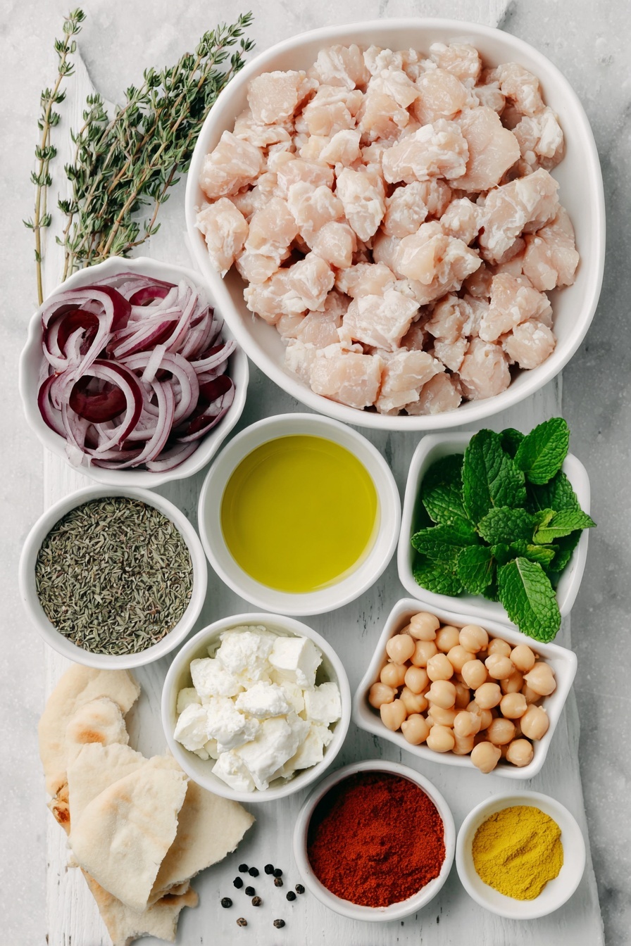 Flat lay of a small pile of ground chicken, a halved and finely diced yellow onion, a few sprigs of dried oregano and thyme arranged neatly, a scattering of whole black peppercorns, a few whole bright yellow turmeric roots next to a small pile of paprika powder and garlic powder, a small white ceramic bowl of extra-virgin olive oil, a small white ceramic bowl with crumbled fresh feta cheese, a handful of fresh flat-leaf parsley and mint leaves, four halved and sliced Persian cucumbers, a small white ceramic bowl filled with pickled red onions, a small white ceramic bowl with roasted chickpeas, a portion of cooked jasmine rice shaped tidily, and a few torn pieces of warm pita bread, all placed on a clean white marble surface, soft natural light, photo taken with an iPhone, professional food photography style, fresh ingredients, white ceramic bowls, no bottles, no duplicates, no utensils, no packaging --ar 2:3 --v 7 --p m7354615311229779997 - Mediterranean Chicken Bowls, Spiced Ground Chicken, Mediterranean dinner ideas, quick healthy chicken bowls, flavorful chicken recipes