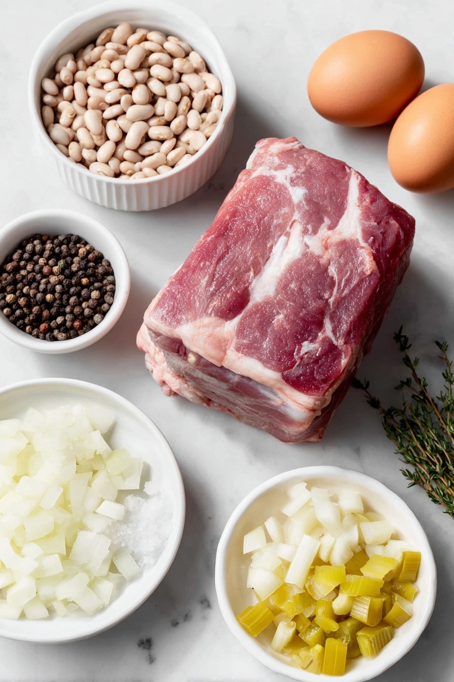 Flat lay of a small mound of dried navy beans, a fresh pink ham bone with bits of meat attached, half a large white onion diced, one large celery rib diced, five peeled garlic cloves, a small bundle of fresh thyme sprigs, a small white bowl of coarse sea salt, a small white bowl of black peppercorns, a small white bowl of water, one large diced orange carrot, and two whole brown eggs placed symmetrically on simple white ceramic dishes and bowls, all ingredients fresh and natural, placed on a clean white marble surface, soft natural light, photo taken with an iPhone, professional food photography style, fresh ingredients, white ceramic bowls, no bottles, no duplicates, no utensils, no packaging --ar 2:3 --v 7 --p m7354615311229779997 - Hearty Ham and Bean Soup, hearty ham and bean soup, easy ham and bean soup, comforting bean soup recipe, slow cooker ham and bean soup