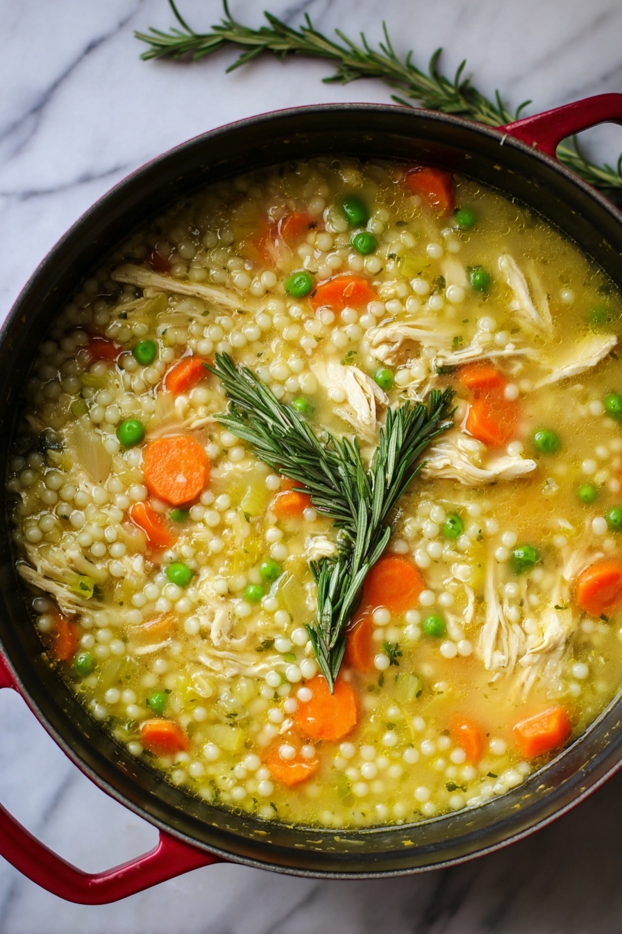 A close-up view of a pot filled with a thick soup showing layers of cooked small round pasta pearls in pale cream color, bright orange carrot slices, green peas, and shredded white chicken pieces mixed into a yellowish broth. The soup is topped with two green rosemary sprigs placed near the center. The pot has a black interior rim and red handles, sitting on a white marbled surface with a rosemary sprig in the background. photo taken with an iphone --ar 2:3 --v 7 - Healing Chicken and Couscous Soup, nourishing chicken soup with ginger and turmeric, healthy comforting chicken soup, quick healing soup recipe, anti-inflammatory chicken soup