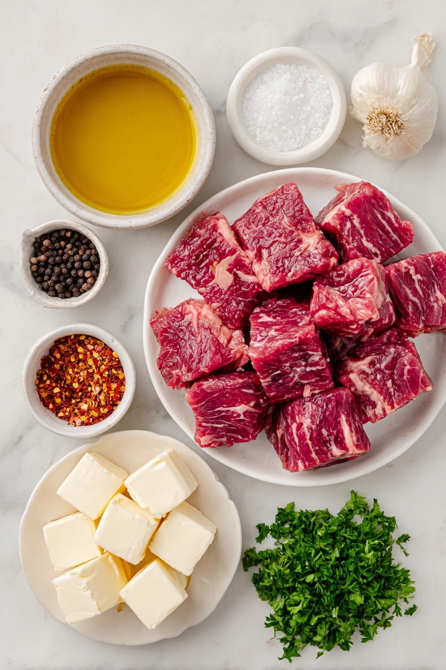 Flat lay of a small white ceramic bowl with golden olive oil, several raw sirloin steak bites with deep red marbling, coarse salt crystals scattered beside a small white bowl holding black peppercorns, two small cubes of pale unsalted butter on a white plate, a few fresh garlic cloves and a small pile of minced garlic next to a small white bowl filled with bright red crushed red pepper flakes, and a small bunch of vibrant green chopped parsley on a white ceramic dish, all arranged in perfect symmetry and realistic proportions, placed on a clean white marble surface, soft natural light, photo taken with an iPhone, professional food photography style, fresh ingredients, white ceramic bowls, no bottles, no duplicates, no utensils, no packaging --ar 2:3 --v 7 --p m7354615311229779997 - Garlic Butter Steak Bites, garlic butter steak, steak bites recipe, quick steak dinner, flavorful steak snacks