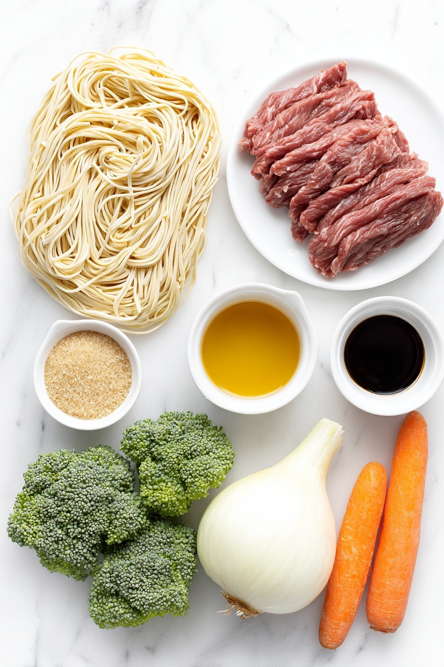 Flat lay of fresh thin lo mein noodles neatly coiled, a small white bowl of glossy dark soy sauce, a small white bowl of amber sesame oil, bright orange whole carrots with green tops, vibrant green broccoli florets, a large white onion whole and unpeeled, four fresh garlic cloves unpeeled, a small white bowl filled with hot water, thin raw beef strips arranged artfully on a simple white ceramic plate, a few granules of brown sugar scattered beside a small white bowl, all ingredients placed in perfect symmetry on a clean white marble surface, soft natural light, photo taken with an iPhone, professional food photography style, fresh ingredients, white ceramic bowls, no bottles, no duplicates, no utensils, no packaging --ar 2:3 --v 7 --p m7354615311229779997 - Easy Beef Lo Mein, beef lo mein recipe, quick beef noodle stir-fry, simple Asian noodles, fast weeknight dinner ideas