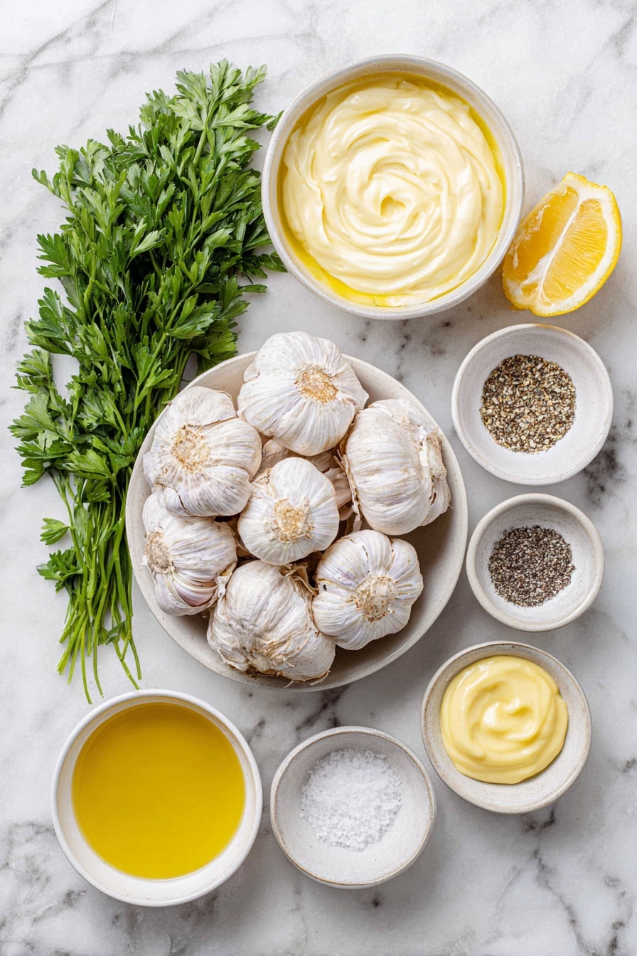 Flat lay of a whole head of garlic with exposed cloves golden roasted, a small white ceramic bowl of smooth pale yellow mayonnaise, a small white ceramic bowl of bright yellow olive oil, a small white ceramic bowl of fresh lemon juice, a small white ceramic bowl of creamy Dijon mustard, a small white ceramic bowl of coarse salt and cracked black pepper, a handful of fresh green parsley sprigs, all arranged in perfect symmetry, placed on a clean white marble surface, soft natural light, photo taken with an iPhone, professional food photography style, fresh ingredients, white ceramic bowls, no bottles, no duplicates, no utensils, no packaging --ar 2:3 --v 7 --p m7354615311229779997 - Roasted Garlic Aioli, homemade garlic aioli, roasted garlic sauce, creamy garlic dip, versatile aioli