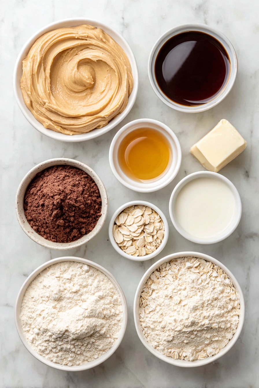 Flat lay of a small white ceramic bowl of smooth peanut butter, a small white ceramic bowl of golden maple syrup, a small white ceramic bowl of vanilla protein powder, a small white ceramic bowl of dark chocolate syrup, a small white ceramic bowl of oat milk, a small white ceramic bowl of vanilla extract, all ingredients fresh and natural, perfectly arranged in balanced symmetry, placed on a clean white marble surface, soft natural light, photo taken with an iPhone, professional food photography style, fresh ingredients, white ceramic bowls, no bottles, no duplicates, no utensils, no packaging --ar 2:3 --v 7 --p m7354615311229779997 - Protein Milkshake with Ninja Creami, healthy protein shake, easy Ninja Creami dessert, high-protein creamy treat, quick protein snack
