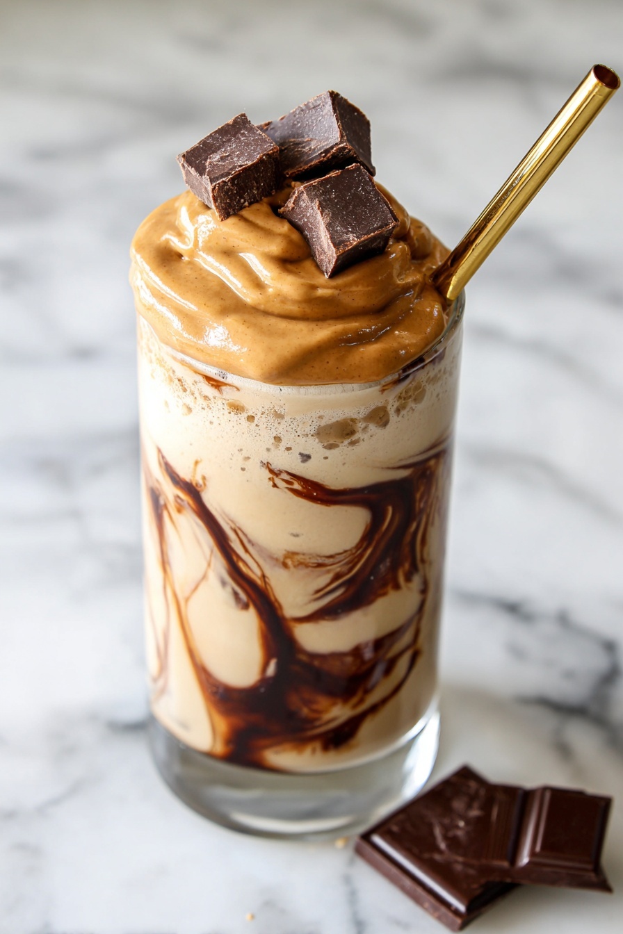 This dessert drink in a clear glass has three main layers visible: a creamy beige base swirled with dark chocolate streaks inside the glass, topped with a thick swirl of peanut butter cream that is smooth and light brown with darker brown drizzles on top, finished with five chunks of dark chocolate placed on the peanut butter cream. A golden straw is inserted on the side, leaning against the edge of the glass. The glass sits on a white marbled surface with two pieces of dark chocolate nearby. Photo taken with an iphone --ar 2:3 --v 7 - Protein Milkshake with Ninja Creami, healthy protein shake, easy Ninja Creami dessert, high-protein creamy treat, quick protein snack
