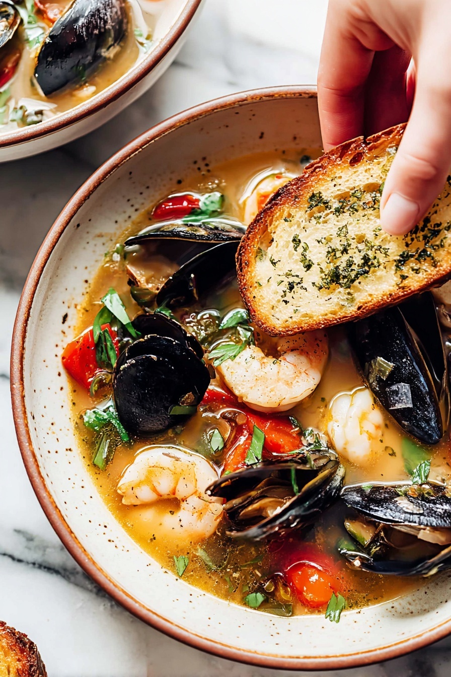 A close-up view of a pot filled with a bright orange broth that has herbs and small red tomato pieces floating in it. In the broth, there are several layers of seafood including whole shrimp with orange-pink shells and curled tails, and black mussel shells, some open to show the inside. The pot is white inside with a dark rim, and a large silver ladle is scooping up a mix of shrimp, mussels, and broth. The white marbled surface is visible around the pot. photo taken with an iphone --ar 2:3 --v 7 - Seafood Bouillabaisse, Quick Seafood Soup, Easy Bouillabaisse Recipe, Weeknight Seafood Dinner, Seafood Stew