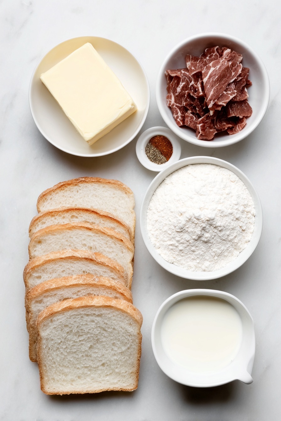 Flat lay of a small white ceramic bowl of unsalted butter, thin ribbons of dried beef loosely arranged, a small white ceramic bowl of all-purpose flour, a small white ceramic bowl of black pepper, a small white ceramic bowl with a pinch of cayenne pepper, a small white ceramic bowl with ground nutmeg, a small white ceramic bowl of milk at room temperature, and six thick slices of fresh bread neatly stacked in two even piles, placed on a clean white marble surface, soft natural light, photo taken with an iPhone, professional food photography style, fresh ingredients, white ceramic bowls, no bottles, no duplicates, no utensils, no packaging --ar 2:3 --v 7 --p m7354615311229779997 - Chipped Beef on Toast, easy chipped beef recipe, hearty breakfast ideas, comfort food recipes, quick savory breakfast
