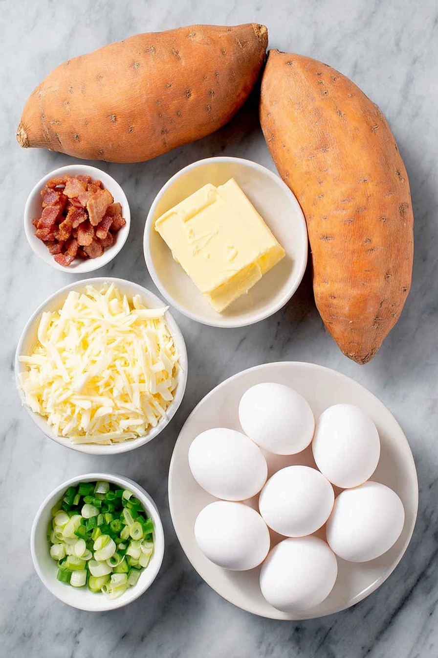 Flat lay of three large whole sweet potatoes with vibrant orange skin, a small pile of crumbled cooked bacon pieces, two tablespoons of solid unsalted butter, a small white ceramic bowl filled with shredded white cheddar cheese, six whole uncracked brown eggs with clean shells arranged neatly, a small white ceramic bowl containing coarse black pepper, a small white ceramic bowl of salt crystals, and a few fresh green scallion stalks minced and placed delicately on a simple white ceramic plate, placed on a clean white marble surface, soft natural light, photo taken with an iPhone, professional food photography style, fresh ingredients, white ceramic bowls, no bottles, no duplicates, no utensils, no packaging --ar 2:3 --v 7 --p m7354615311229779997 - Sweet Potato Breakfast Bowls with Bacon and Egg, hearty breakfast recipes, healthy breakfast ideas, easy breakfast bowl recipes, nutritious morning meals
