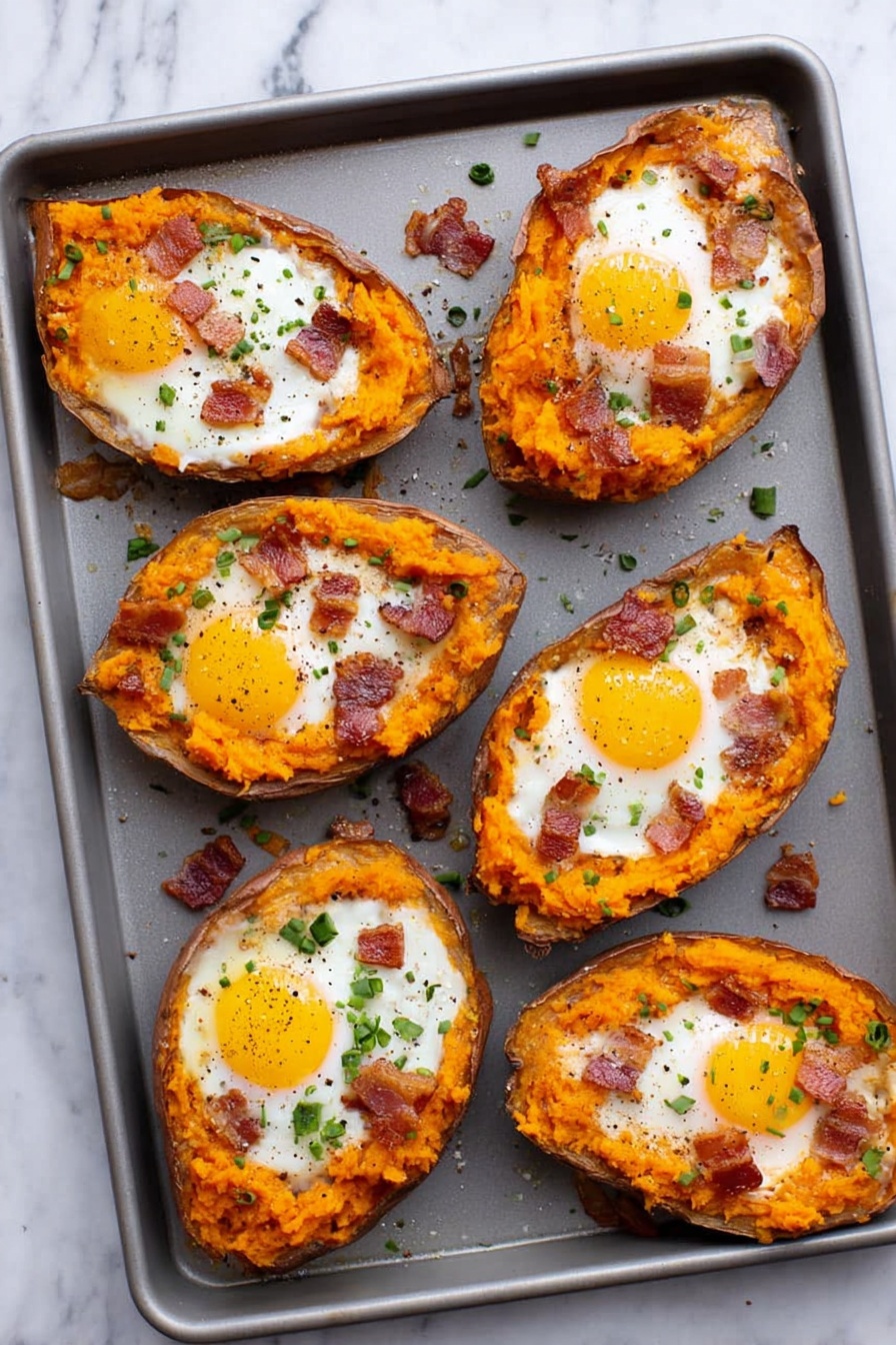 Six twice-baked sweet potato halves are placed on a gray baking tray, each filled with a bright orange mashed sweet potato layer topped with a baked sunny-side-up egg in the center. Small bits of crispy bacon and finely chopped green herbs are scattered over the eggs and mashed sweet potatoes. The baked sweet potato skins form the outer brown edges, and there is a light sprinkle of black pepper over the eggs. The tray sits on a white marbled surface. photo taken with an iphone --ar 2:3 --v 7 - Sweet Potato Breakfast Bowls with Bacon and Egg, hearty breakfast recipes, healthy breakfast ideas, easy breakfast bowl recipes, nutritious morning meals