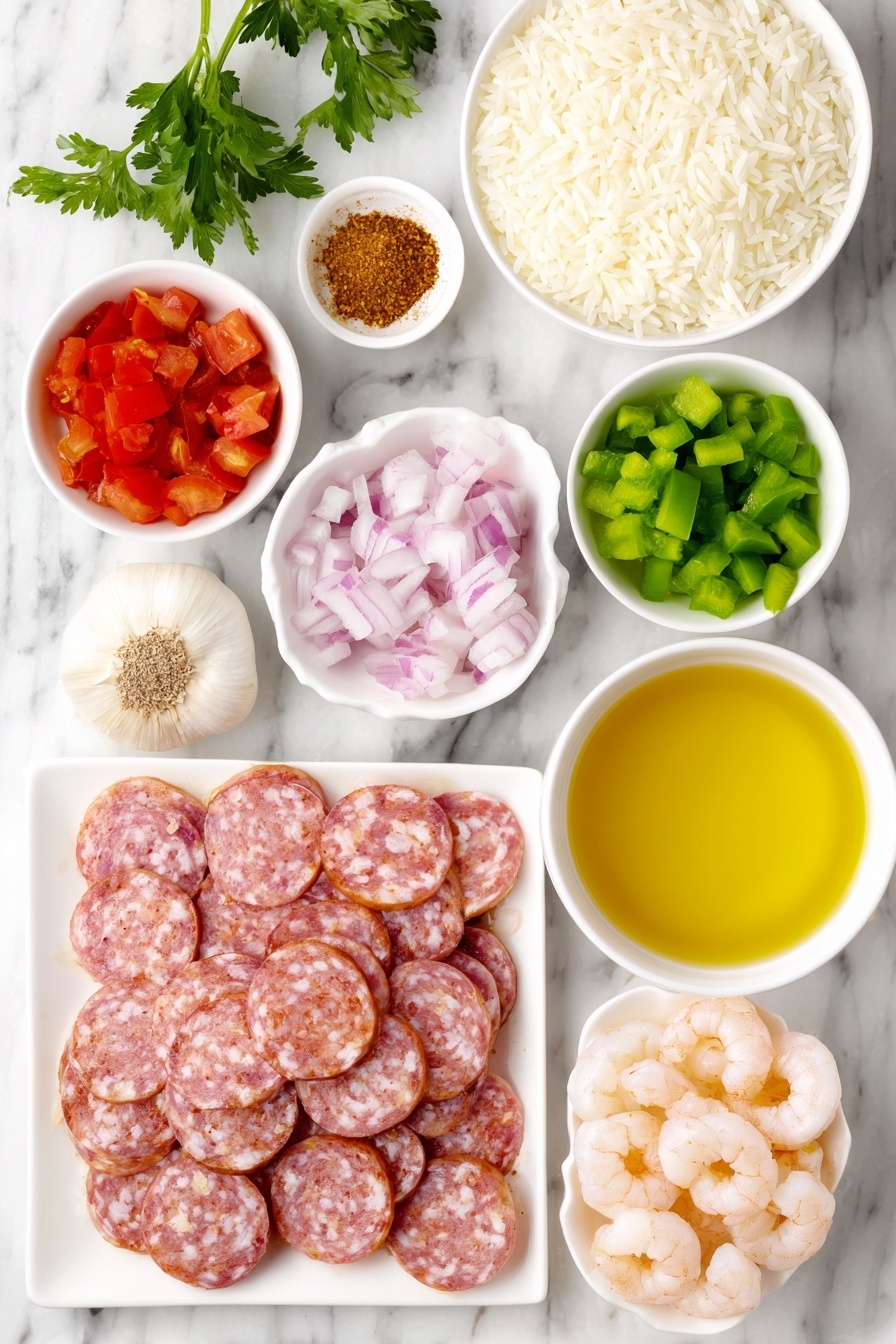 Flat lay of a small white ceramic bowl of vegetable oil, thinly sliced smoked andouille sausage arranged neatly on a white ceramic plate, one small sweet onion diced in a simple white bowl, diced red bell pepper in a white bowl, diced green bell pepper in a white bowl, uncooked basmati rice in a white ceramic bowl, four whole uncracked garlic bulbs beside a small white bowl of minced garlic, loose dried sweet paprika, dried oregano, onion powder, and dried thyme each sprinkled artfully on white ceramic dishes, one fresh bay leaf placed flat, coarse kosher salt and freshly ground black pepper in small white bowls, a white ceramic bowl filled with clear chicken stock, a white bowl of petite diced fresh tomatoes, small white bowl with smooth tomato paste, small white bowl with red hot sauce, peeled and deveined medium shrimp laid out on a white ceramic plate, and a few sprigs of bright fresh parsley leaves placed delicately nearby—all ingredients fresh and natural, arranged with perfect symmetry on a clean white marble surface, soft natural light, photo taken with an iPhone, professional food photography style, fresh ingredients, white ceramic bowls, no bottles, no duplicates, no utensils, no packaging --ar 2:3 --v 7 --p m7354615311229779997 - Easy Shrimp and Sausage Jambalaya, Cajun shrimp and sausage dinner, quick jambalaya recipe, one-pot Cajun meal, hearty shrimp and sausage dish