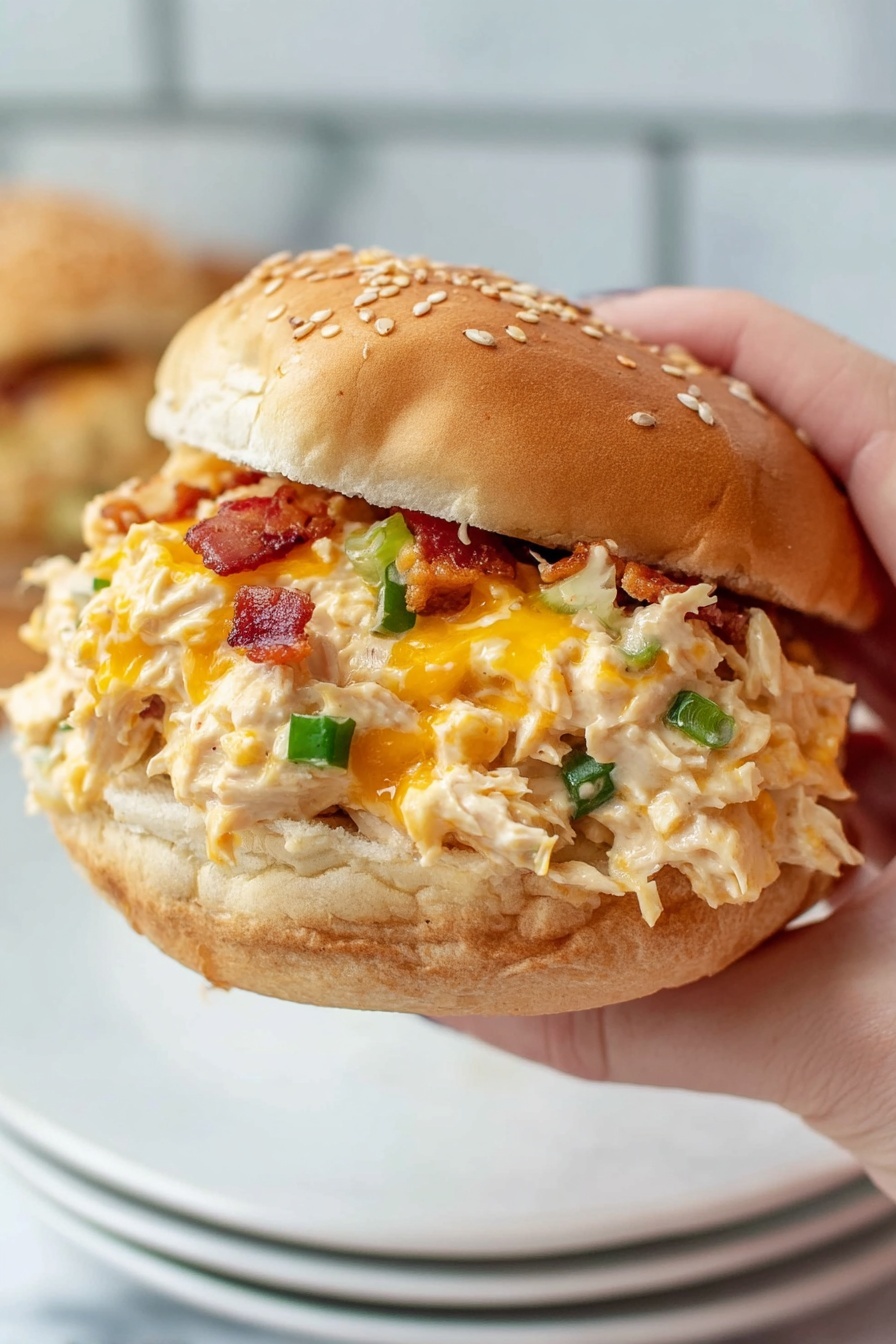 A sandwich with three clear layers sits on a white plate on a white marbled surface. The bottom layer is a soft, light brown sandwich bun. Above it is a thick layer of shredded white meat mixed with melted orange cheese and small chunks of crispy bacon, giving a textured mix of creamy and crunchy. The top layer is the bun's top half, light brown with sesame seeds scattered on it. The whole sandwich looks soft, juicy, and rich in flavor. Photo taken with an iphone --ar 2:3 --v 7 - Creamy Crockpot Crack Chicken, easy crockpot chicken dinner, cheesy slow cooker chicken, ranch bacon chicken, comfort food recipes