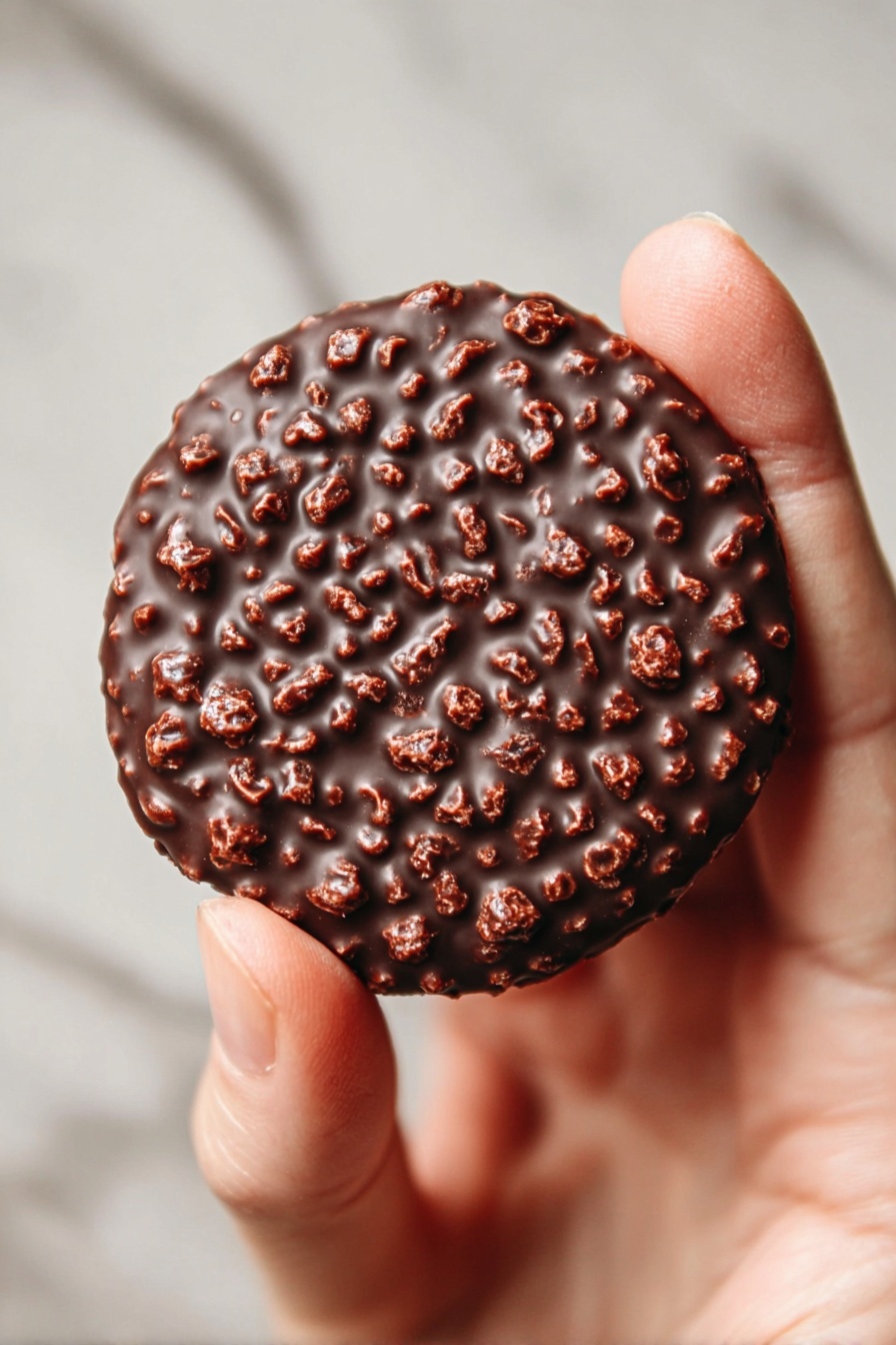 A close-up view of a round chocolate biscuit held by a woman's hand, showing its textured top covered with small, raised nut or crisp pieces embedded in the dark chocolate coating. The biscuit is dark brown with a shiny surface and the woman's hand gently grips it between thumb and forefinger against a blurred white marbled texture background. photo taken with an iphone --ar 2:3 --v 7 - Chocolate Quinoa Bites, healthy chocolate snack, no-bake quinoa treats, simple chocolate snacks, vegan friendly chocolate bites
