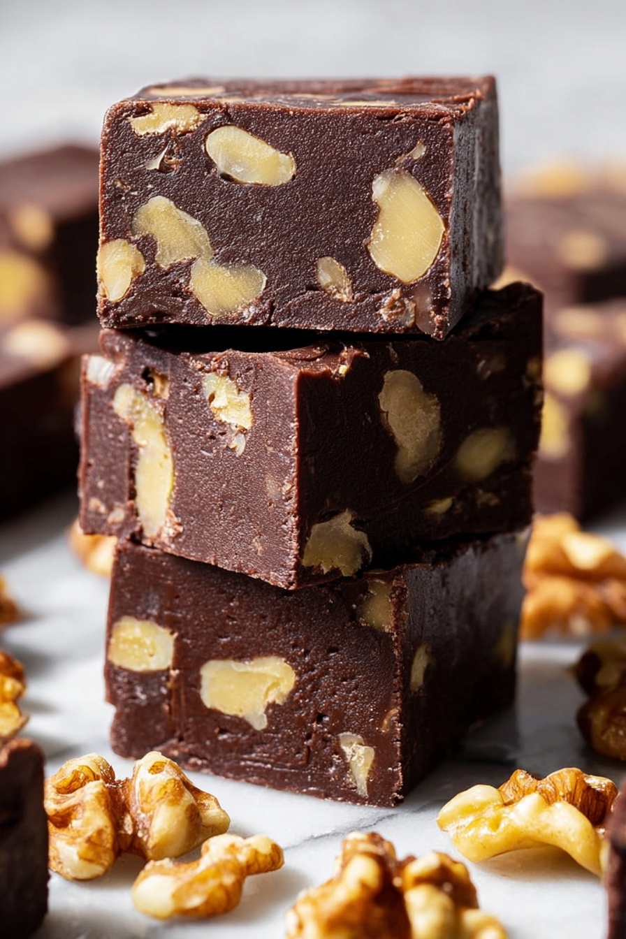 The image shows a stack of six thick, dark brown chocolate fudge squares with visible chunks of light beige walnuts inside. One square on top has a bite taken out, showing a smooth and dense texture inside with walnut pieces. The fudge pieces are arranged on a crumpled white paper over a white marbled surface. Around the fudge, there are some loose walnut halves scattered, and a blurred plate with more walnuts is in the background. A few flakes of white salt are sprinkled on the fudge top. Photo taken with an iphone --ar 2:3 --v 7 - Easy Chocolate Fudge, chocolate fudge recipe, homemade chocolate fudge, creamy fudge dessert, quick fudge making