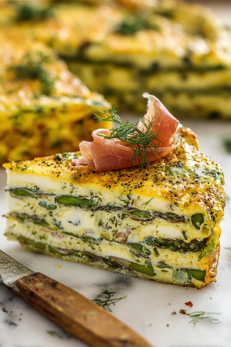A thick slice of frittata sits on a white marbled surface showing five distinct layers of cooked egg mixed with green herbs and asparagus spears running horizontally inside. The top layer is golden with a rough texture sprinkled with seasoning and small green herbs then garnished with a small bunch of fresh dill and a thin curled slice of pink prosciutto. The background shows other blurred slices of the same frittata. A knife with a wooden handle lies in front of the slice. Photo taken with an iphone --ar 2:3 --v 7 - Asparagus Egg Frittata, asparagus egg frittata, healthy frittata with asparagus, brunch egg frittata, easy asparagus frittata