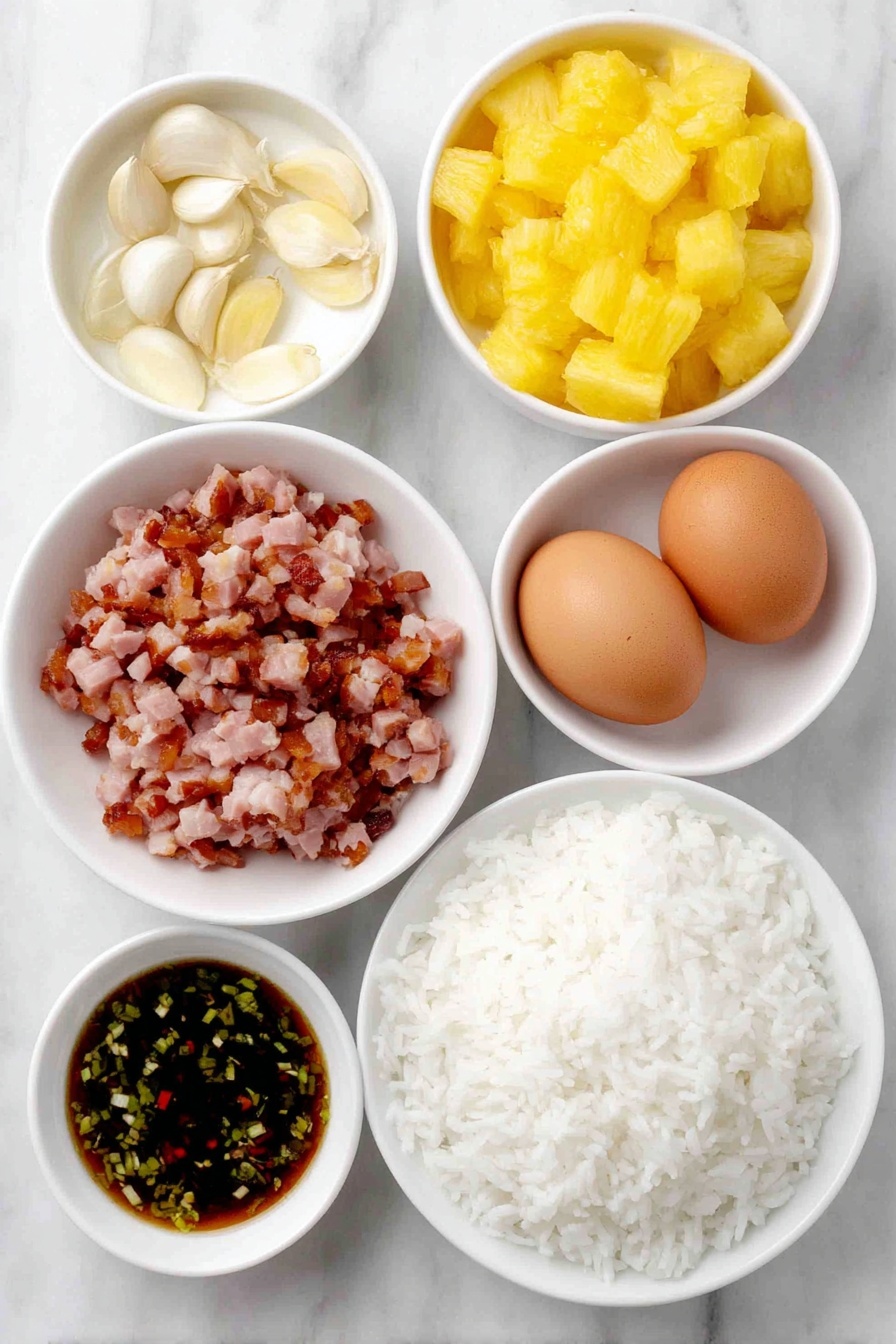 Flat lay of diced leftover ham, small white bowl of soy sauce mixed with pineapple juice, diced fresh pineapple, diced red bell pepper, two whole brown eggs with clean shells, two cloves of whole garlic, a small white bowl of peanut oil, a mound of fluffy cooked long grain rice, all arranged symmetrically with perfect proportions in simple white ceramic bowls and plates, placed on a clean white marble surface, soft natural light, photo taken with an iPhone, professional food photography style, fresh ingredients, white ceramic bowls, no bottles, no duplicates, no utensils, no packaging --ar 2:3 --v 7 --p m7354615311229779997 - Leftover Ham Pineapple Fried Rice, ham pineapple fried rice recipe, easy ham fried rice, quick pineapple fried rice, leftover ham recipes