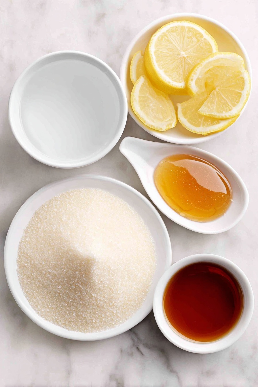 Flat lay of a small mound of unflavored gelatin powder on a white ceramic plate, a simple white ceramic bowl filled with clear cold water, another white ceramic bowl holding steaming hot water, a small white bowl with fresh lemon wedges and a clear lemon juice drizzle, a small white bowl containing golden apple cider vinegar, and a small white bowl with a spoonful of golden honey, placed on a clean white marble surface, soft natural light, photo taken with an iPhone, professional food photography style, fresh ingredients, white ceramic bowls, no bottles, no duplicates, no utensils, no packaging --ar 2:3 --v 7 --p m7354615311229779997 - Gelatin Weight Loss Drink, healthy gelatin drink for weight loss, easy weight loss drink recipe, natural appetite suppressant beverage, quick weight loss drinks