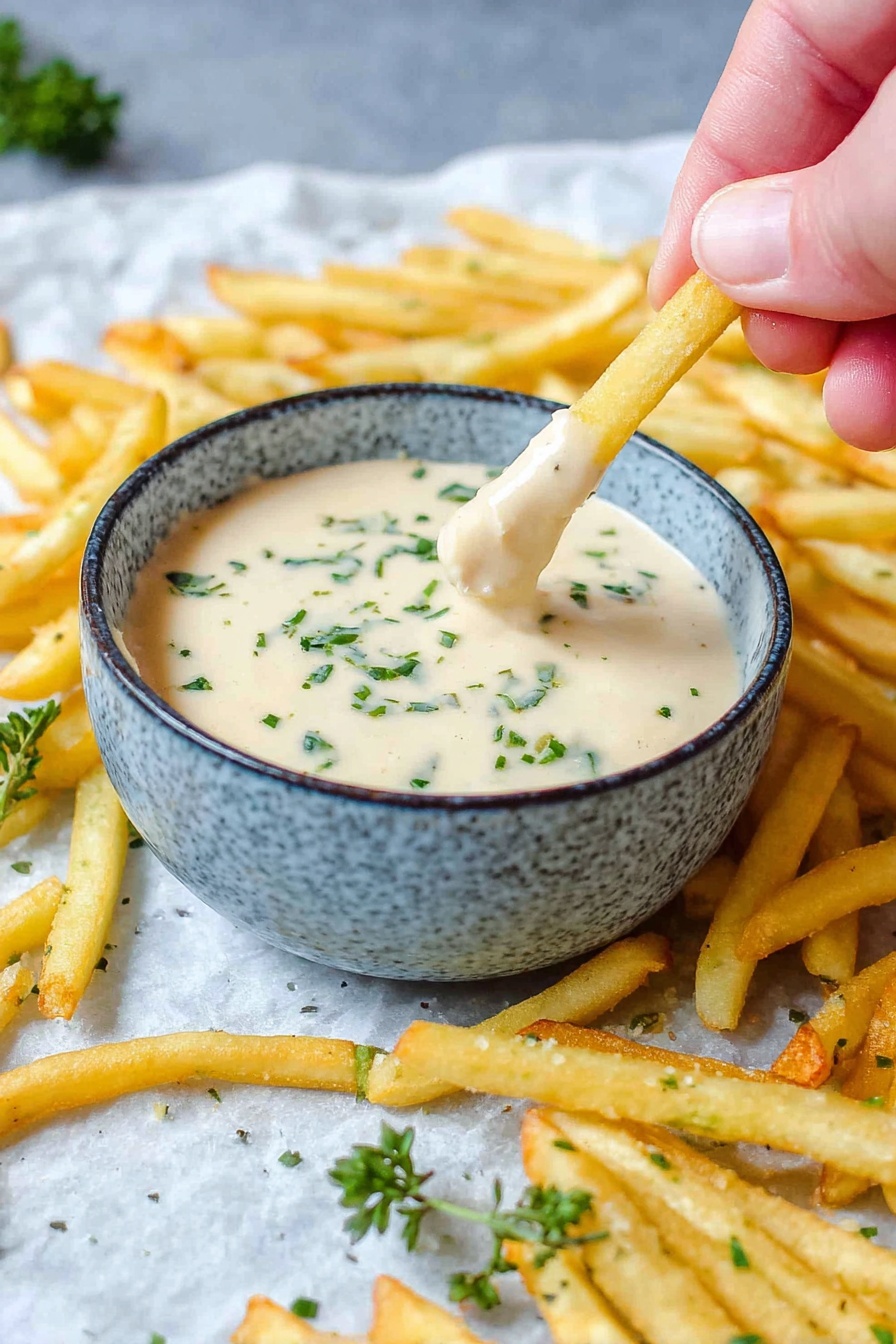 The image shows a small speckled blue bowl filled with a creamy, light beige dipping sauce dotted with small green herb pieces on top. The bowl sits on a white marbled surface that is scattered with golden-yellow French fries. A woman's hand is dipping two fries into the sauce. There are small green herb sprigs around the fries on the surface. photo taken with an iphone --ar 2:3 --v 7 - Roasted Garlic Aioli, homemade garlic aioli, roasted garlic sauce, creamy garlic dip, versatile aioli