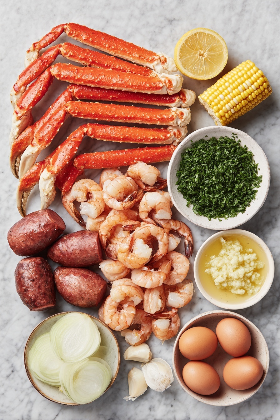 Flat lay of fresh snow crab leg clusters with bright red shells, several jumbo shrimp with pink shells and tails, rounds of sliced andouille sausage in deep reddish-brown hues, a cluster of small red and gold baby potatoes, a few mini ears of sweet corn with vibrant yellow kernels and green husks partially peeled back, a medium yellow onion sliced into translucent half-moon rings, a large lemon cut into bright yellow wedges, several whole uncracked brown eggs, and small white ceramic bowls containing finely minced garlic, golden melted butter, and freshly chopped green parsley, placed on a clean white marble surface, soft natural light, photo taken with an iPhone, professional food photography style, fresh ingredients, white ceramic bowls, no bottles, no duplicates, no utensils, no packaging --ar 2:3 --v 7 --p m7354615311229779997 - Cajun Seafood Boil without recipe, Cajun seafood boil, seafood boil with garlic butter, Cajun seafood feast, spicy seafood boil