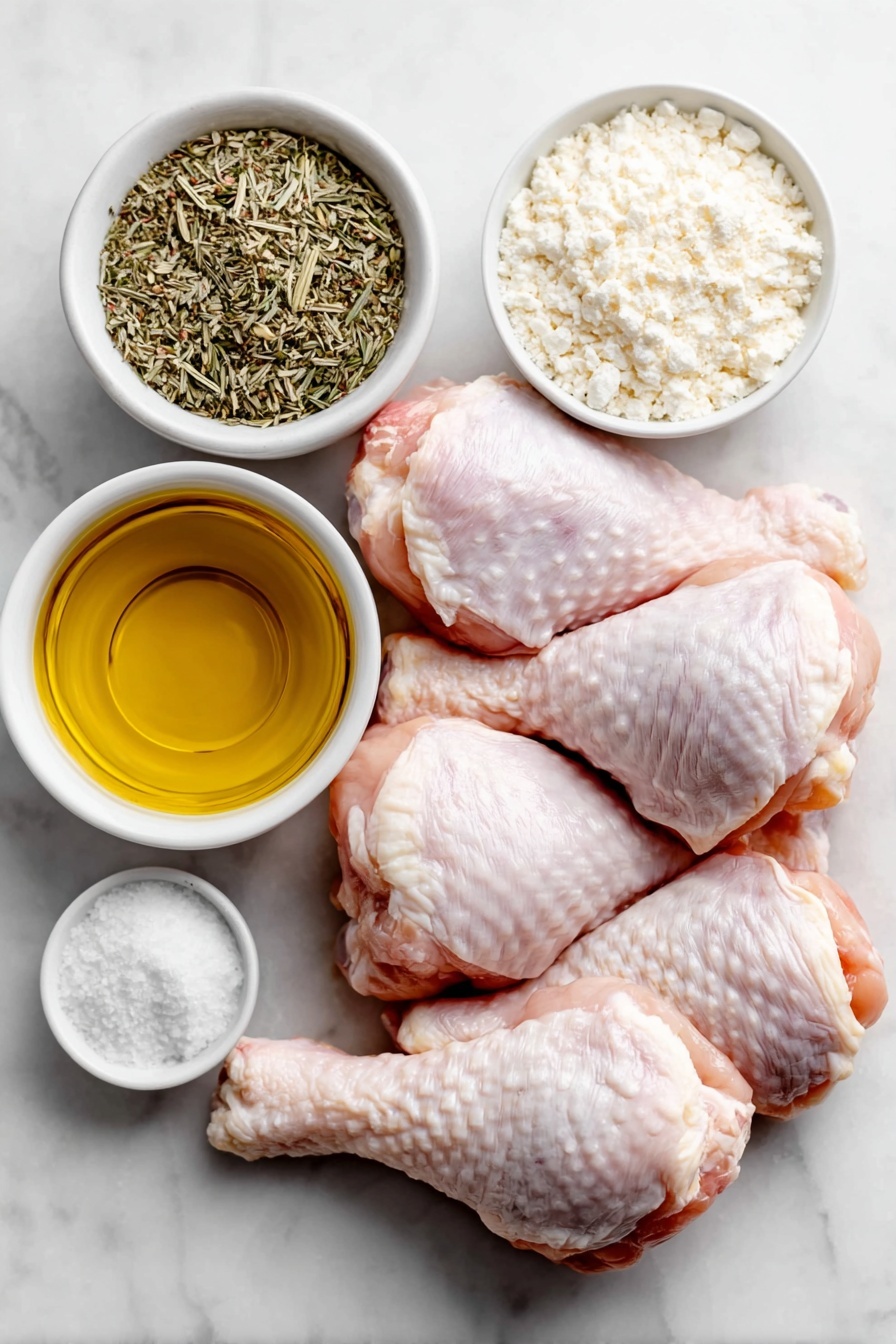Flat lay of fresh, raw chicken drumsticks with clean skin and no excess fat, a small white ceramic bowl of golden olive oil, a small white ceramic bowl filled with brown poultry seasoning powder, a small white ceramic bowl containing coarse salt crystals, a small white ceramic bowl with black peppercorns, and a small white ceramic bowl of fine baking powder, all arranged symmetrically on a clean white marble surface, soft natural light, photo taken with an iPhone, professional food photography style, fresh ingredients, white ceramic bowls, no bottles, no duplicates, no utensils, no packaging --ar 2:3 --v 7 --p m7354615311229779997 - Crispy Baked Chicken Legs, baked chicken thighs, crispy chicken drumsticks, easy chicken dinner, healthy baked chicken recipe