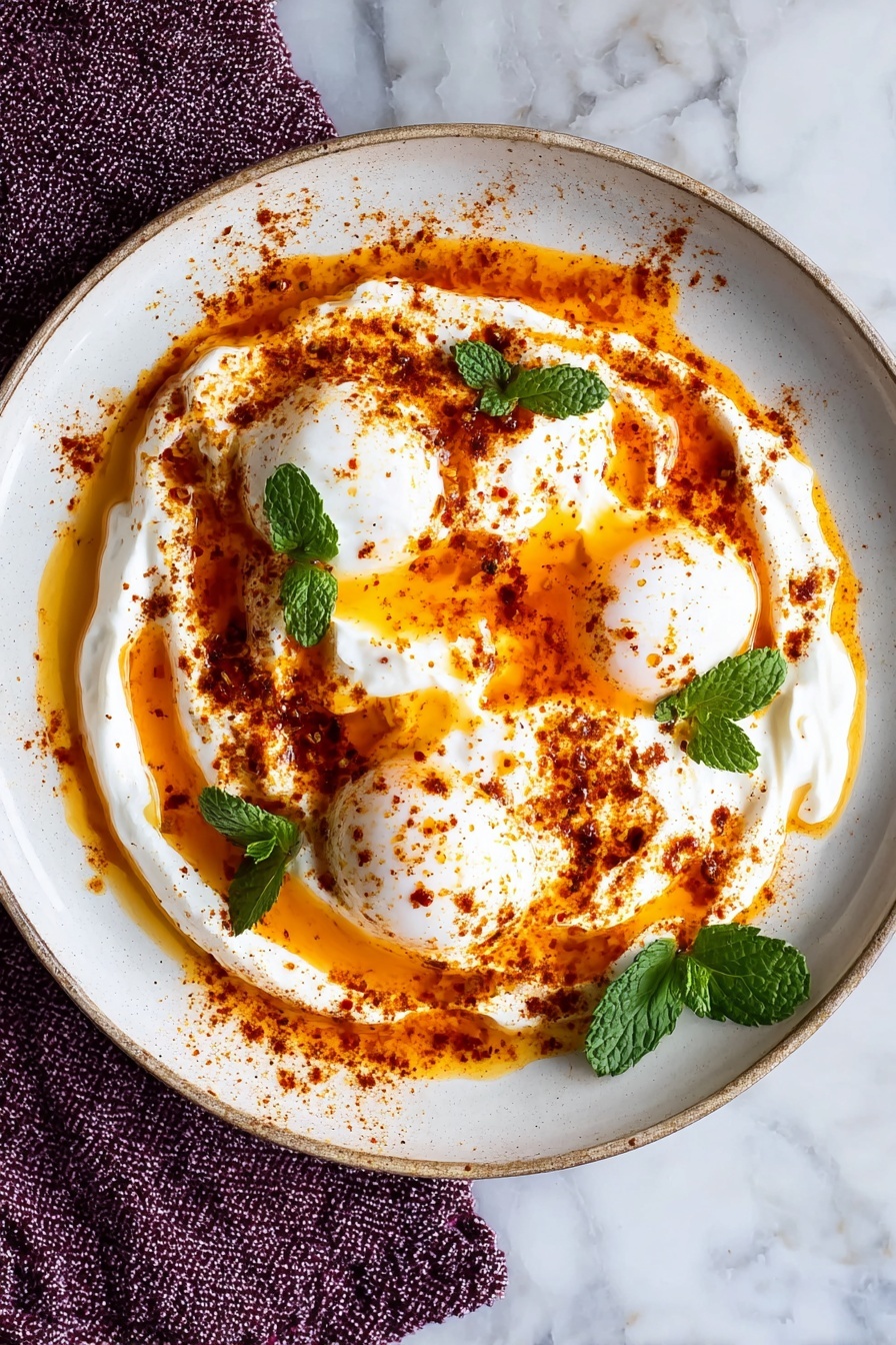 A white round plate with a swirled layer of creamy white yogurt or sauce spread across the center. On top, there are three soft poached eggs with slightly runny yellow yolks showing through. The dish is topped with a bright orange-red oily spice mix, sprinkled unevenly over the yogurt and eggs, creating a vibrant contrast. Two small fresh green mint leaves are placed on the surface, adding a pop of color. The plate sits on a white marbled surface with a textured purple cloth to the side. photo taken with an iphone --ar 2:3 --v 7 - Turkish Eggs with Spiced Yogurt, Turkish Eggs recipe, Middle Eastern breakfast, poached eggs with yogurt, spicy butter eggs